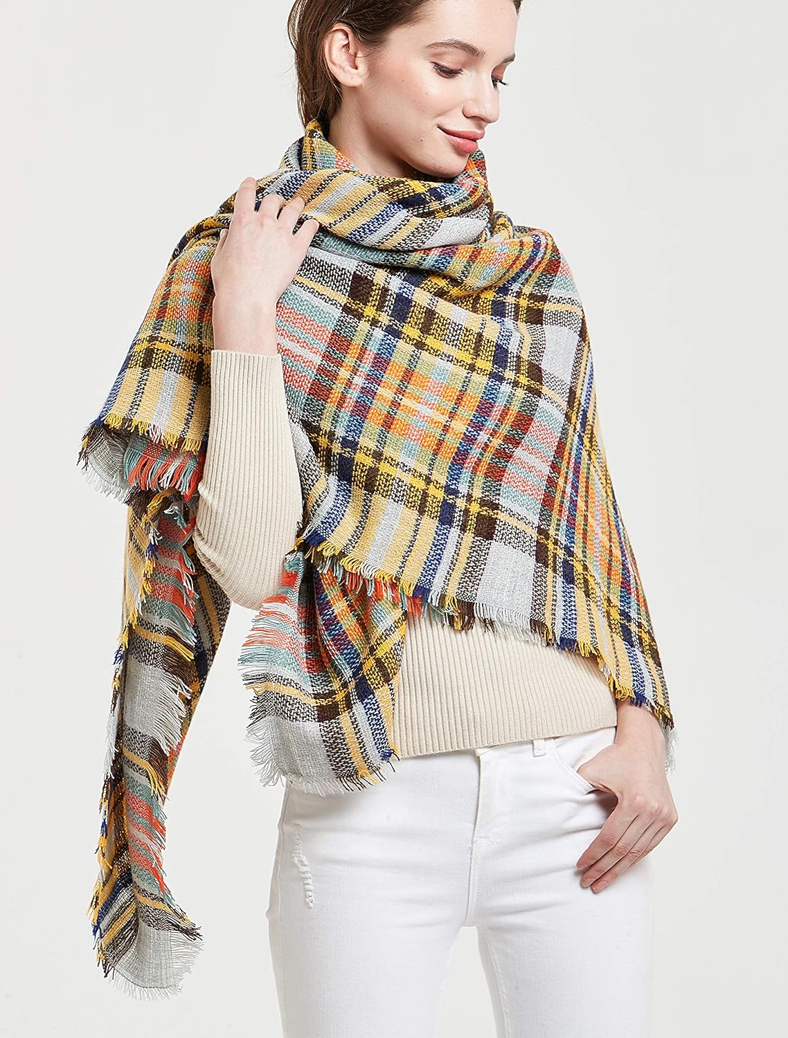 Wander Agio Womens Warm Blanket Scarf Square Winter Shawls Large Infinity Scarves Stripe Plaid Scarf - Image 4