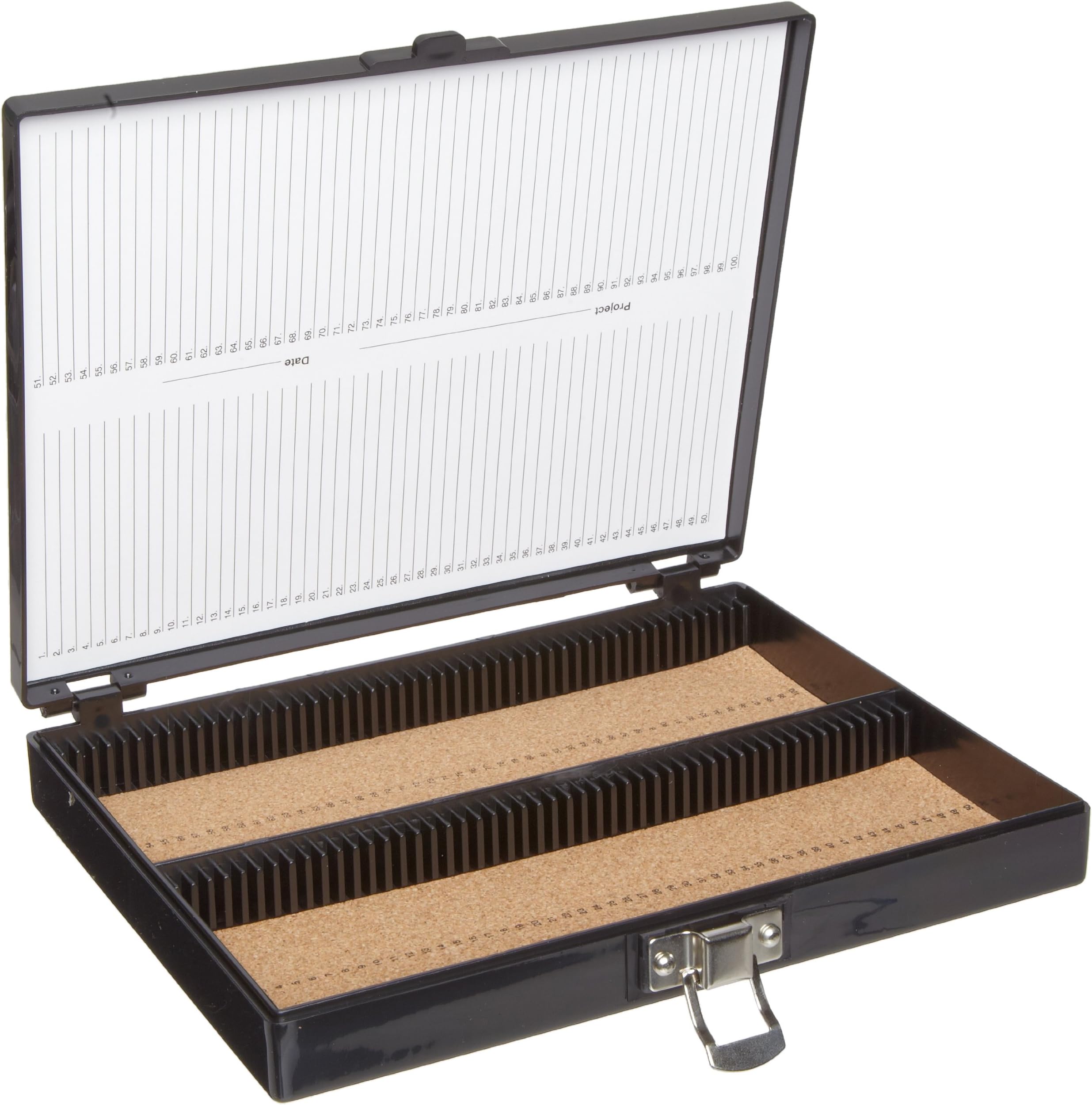 Heathrow Scientific 100 Place Microscope Slide Box, Cork Lining, Nickel-Plated Clasp, Black