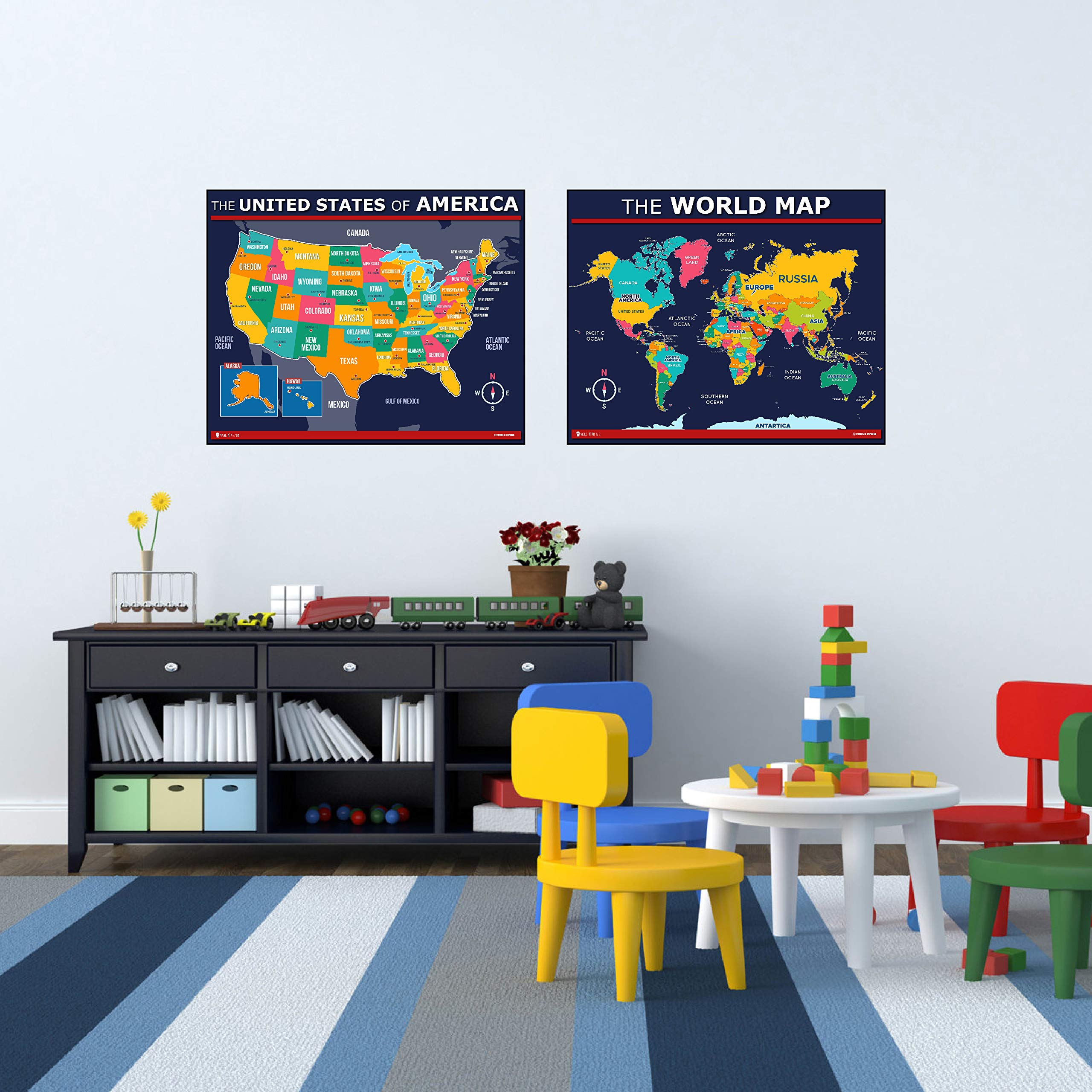 Young N Refined USA & World Map Poster 2-Pack For Kids - Laminated, Extra Large 24x30 - View #2