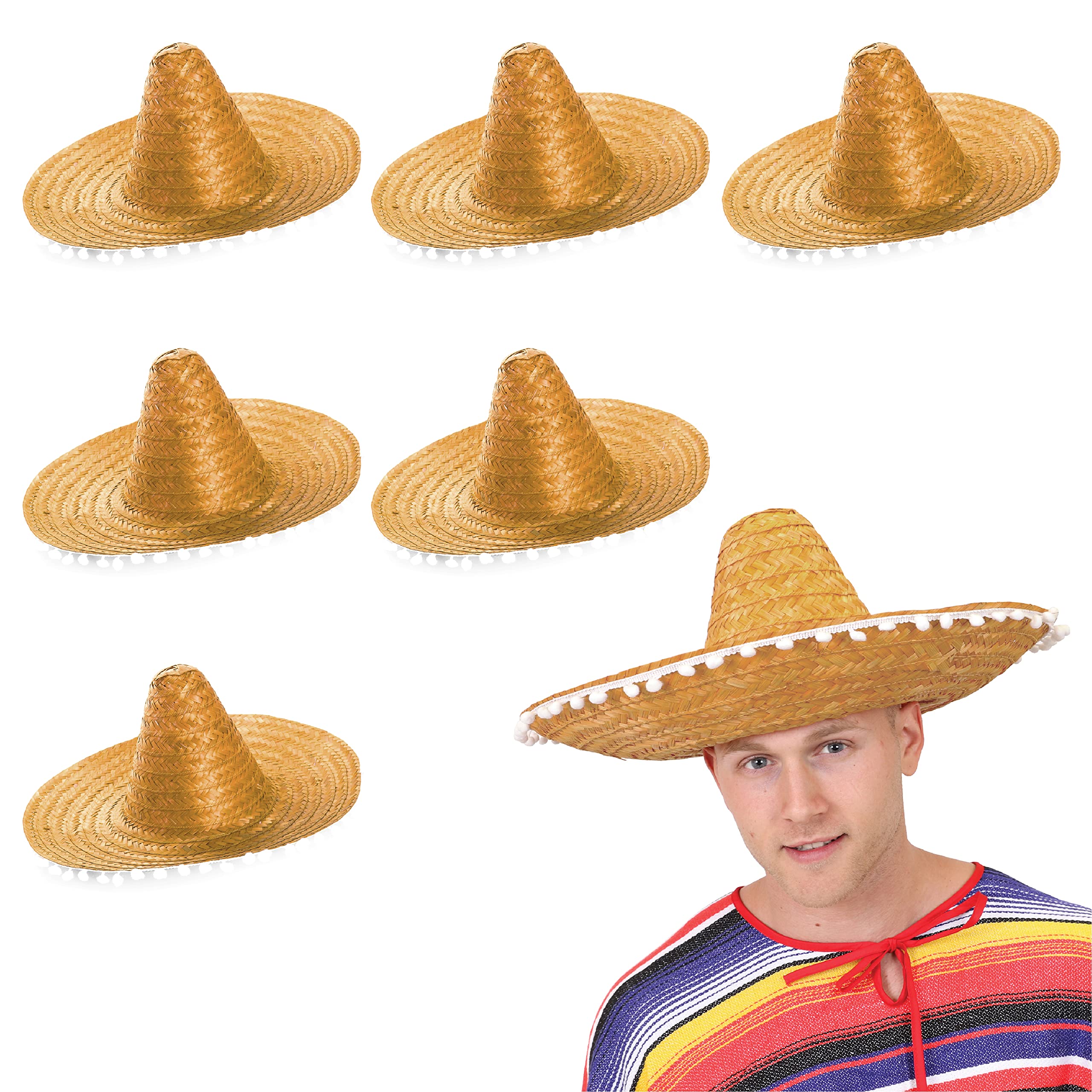 Orange Mexican Sombrero - Pack of 6 - Straw Sombrero with White Pom Poms - Straw Hat Fancy Dress Costume Ideal for Hen/stag Night, Summer, Beach Party, Wholesale Bulk — image 1