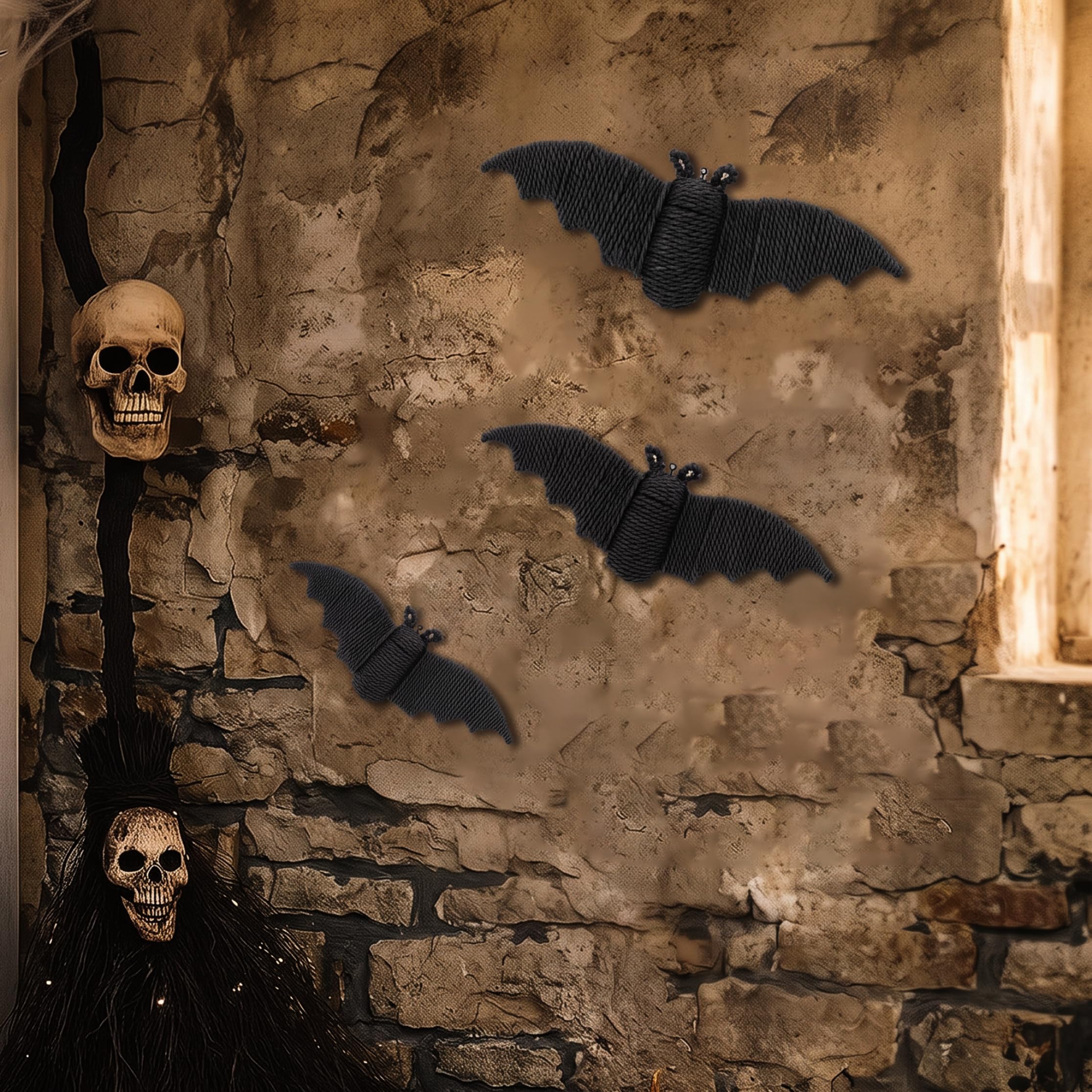 Ginwrek Decorazione da parete con pipistrelli, confezione da 3 decorazioni per interni di Halloween in vimini, nera