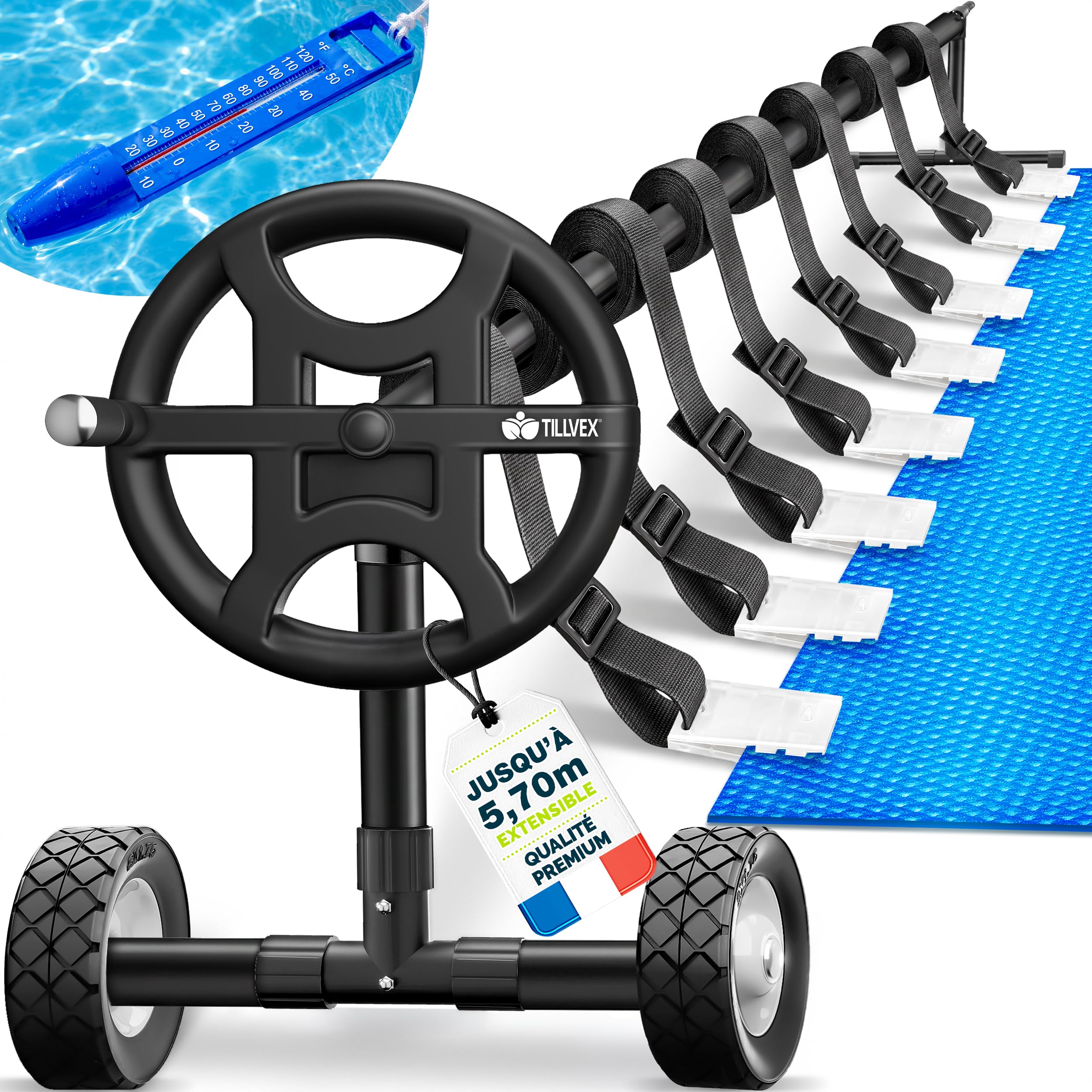 tillvex Enrouleur de Piscine 3-5,70 m avec pneus Pleins Thermomètre & Pattes de Fixation | Système d'enroulement pour bâche Solaire | Dispositif de déroulement pour bâche et Couverture de Piscine