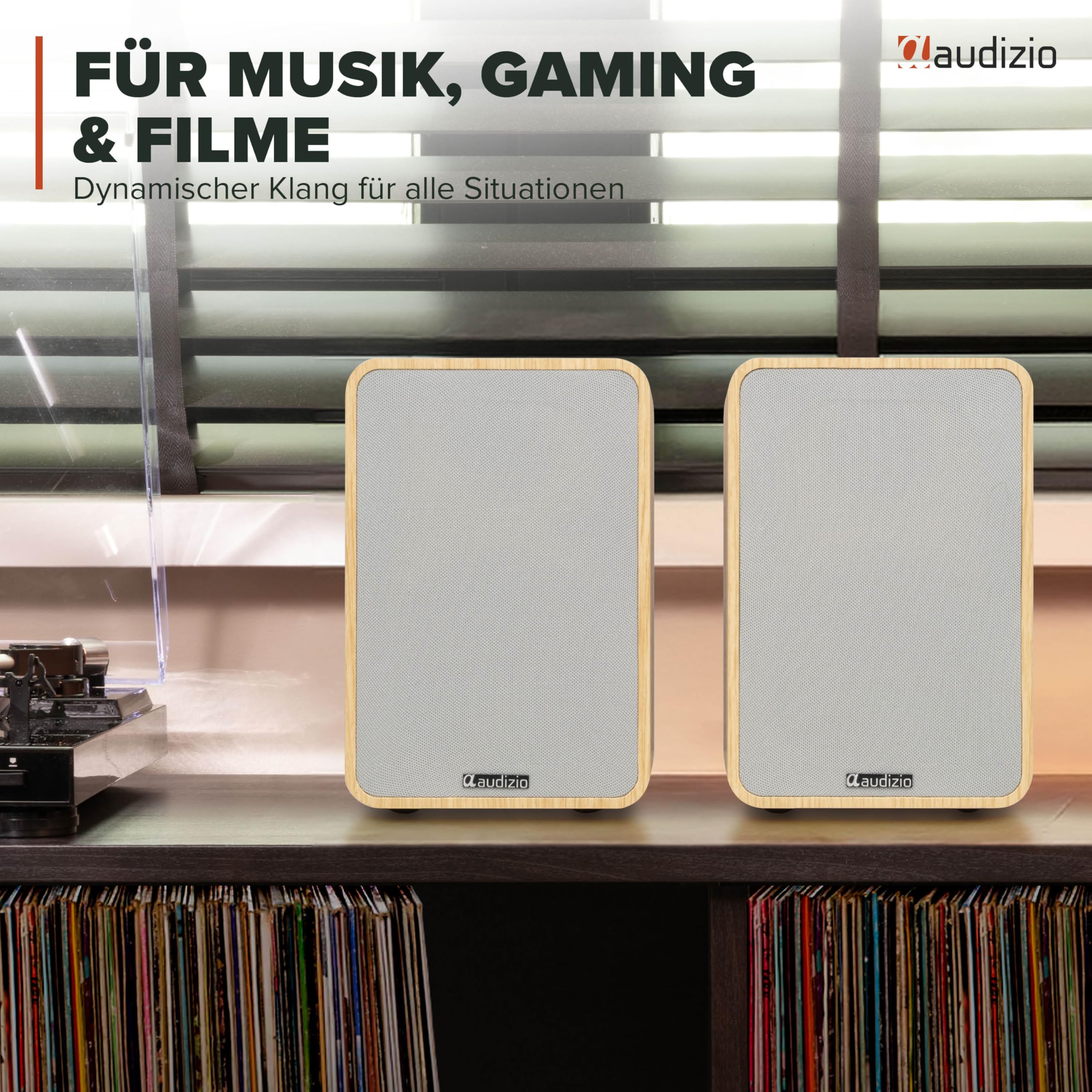 Audizio KS10 Aktiv Lautsprecher Boxen Set 120 Watt – HiFi Boxen mit Bluetooth 5.0 für TV, PC, Gaming – HiFi Lautsprecher mit Verstärker, HDMI ARC, Optisch, USB & Fernbedienung - Holz