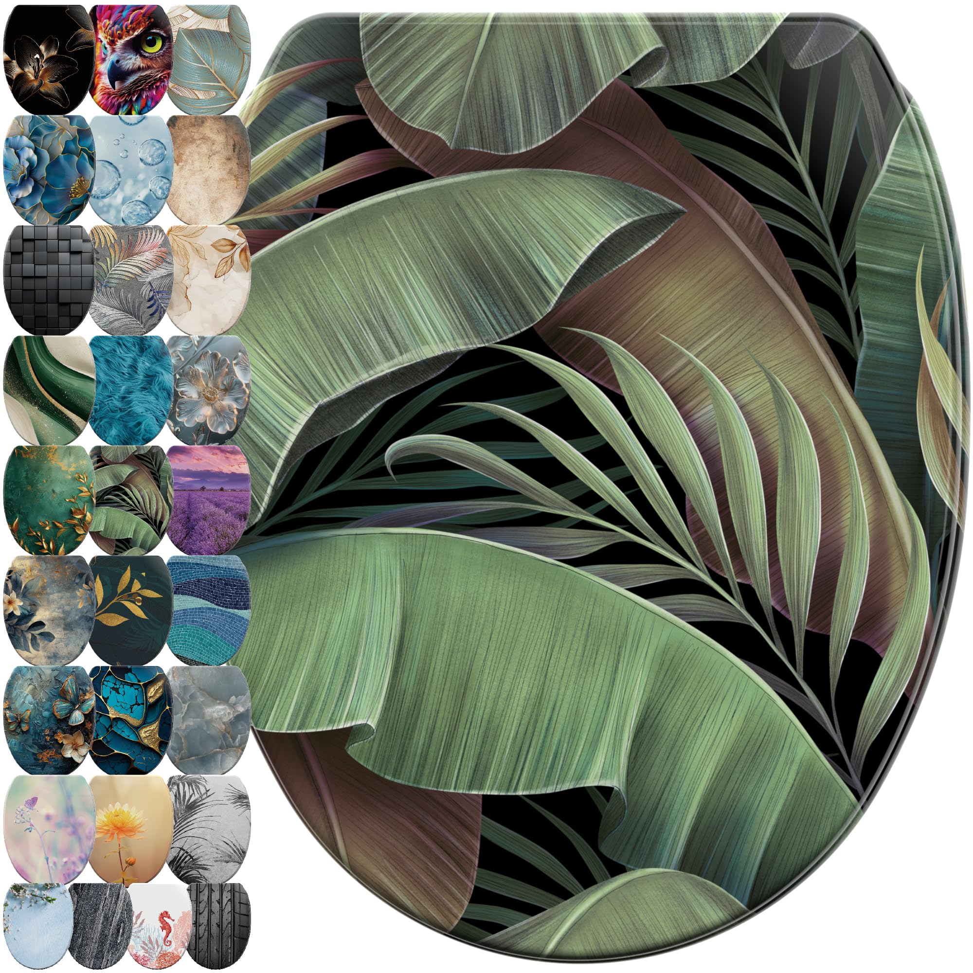 Sanilo Soft Close Toilet Seat with Quick Release, Toilet Lid Detachable at the Press of a Button, Easy Installation from Above (Jungle)