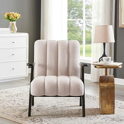 Miniatura 3 de Roundhill Furniture Rella Modern Teddy Sherpa - Silla decorativa con marco de madera espresso, color beige