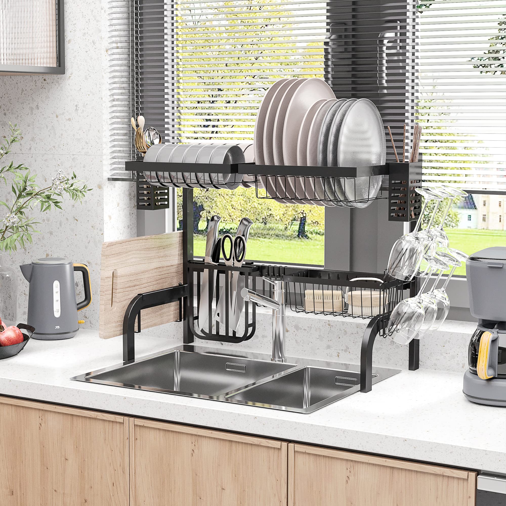 HOMCOM Over Sink Dish Drainer 2 Tier Black Steel | Modular Dish Dryer, Utensil Holder, Chopping Board Holder, Storage, Kitchen Organization