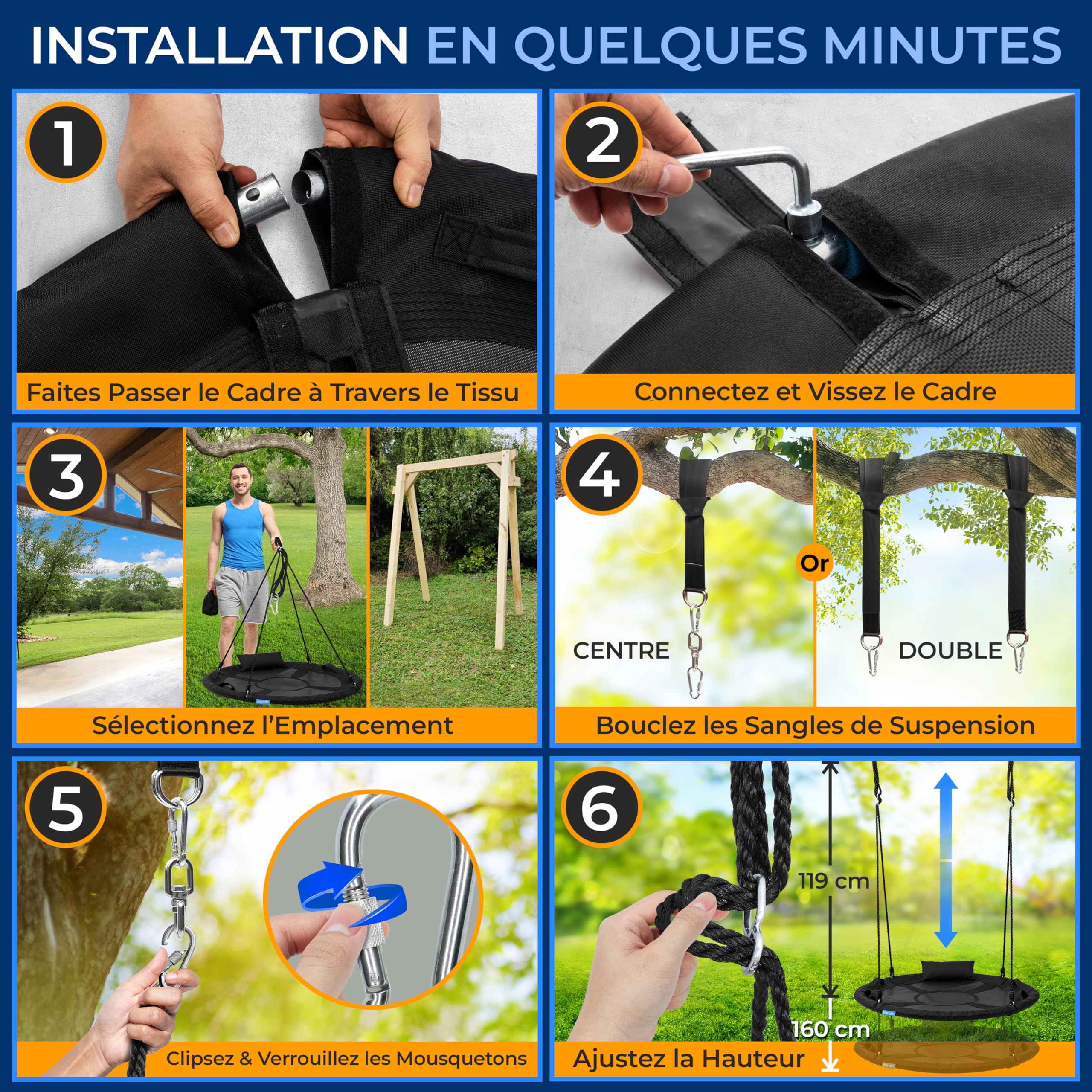 SereneLife Balançoire Exterieur Tournante 100 cm avec Coussin – Siège Extérieur Imperméable avec Sac, Charge 317 kg | Kit de Suspension Universel, Tapis Résistant à l’Eau, Noir
