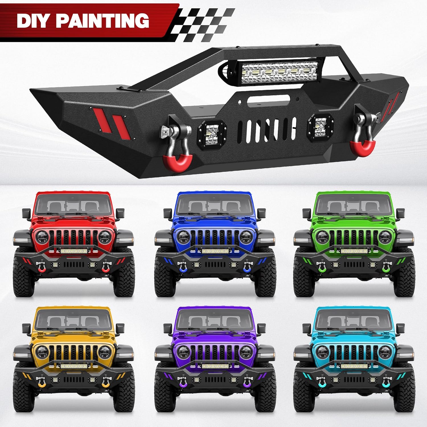 Front Bumper Compatible with Jeep Wrangler JK JL & Gladiator JT 2007-2026, Offroad Full Width Bumper with Winch Plate, 144W LED Light Bar & 2x18W Square Lights, 2 x D-Rings