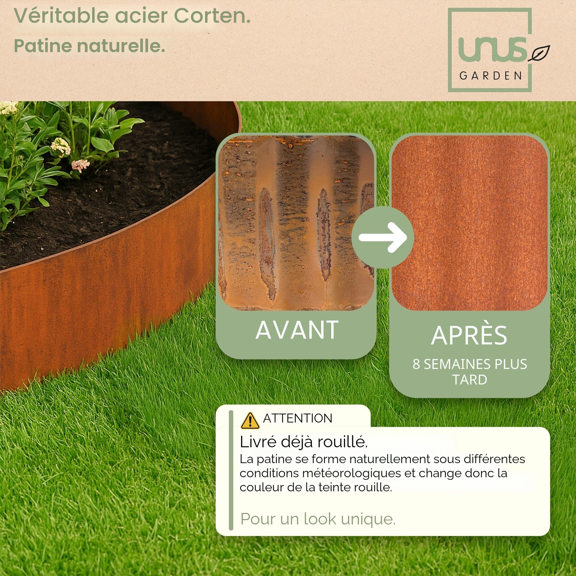 UNUS Bordure de jardin en acier Corten 10 m x 14 cm Bordure de parterre flexible en métal résistant aux intempéries pour jardin, parterre, pelouse et allées, gants inclus