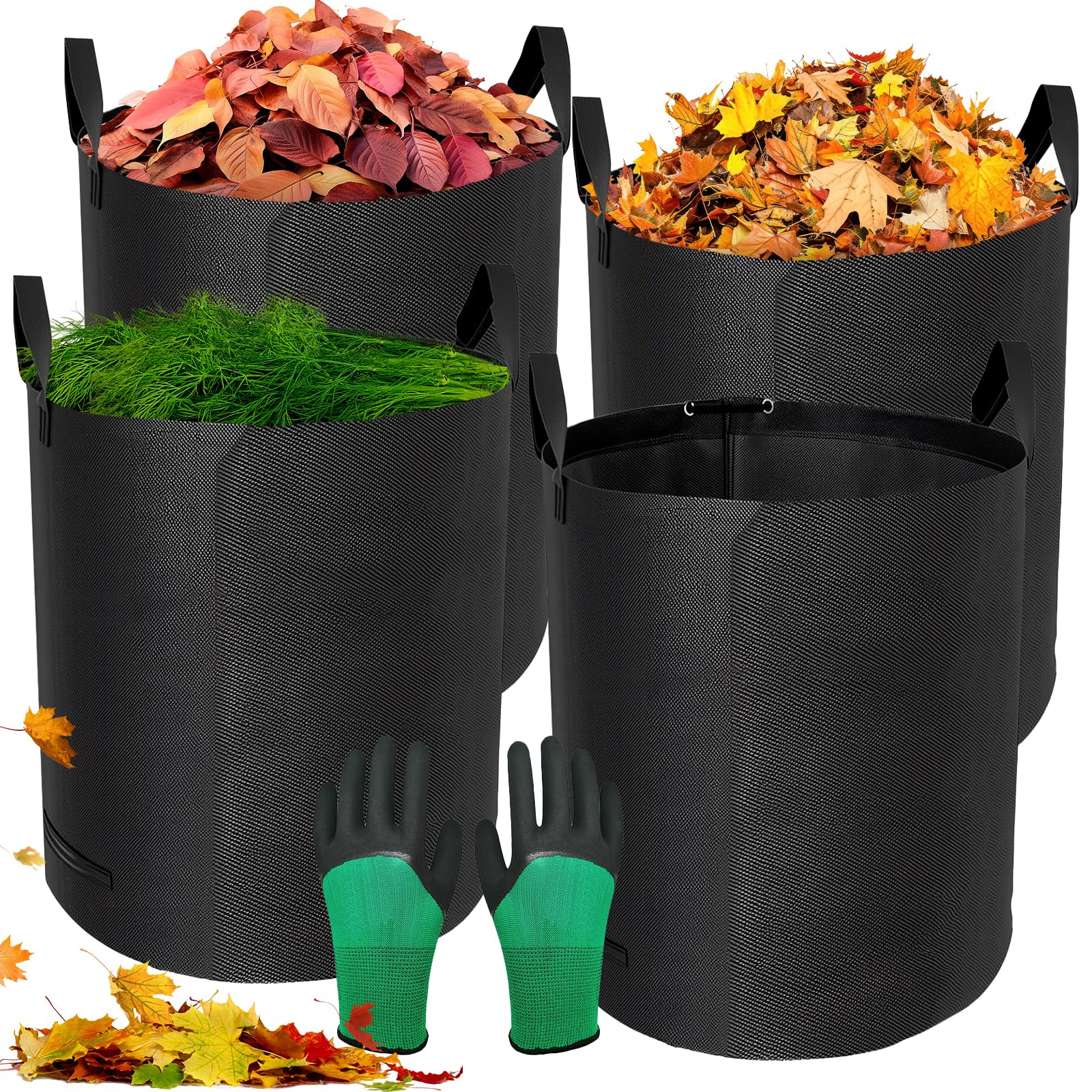 Gardening Sacks, 4 x 272L Jardim Sacks, Incl Gloves, 4 Handles, Waterproof, Foldable, Reusable Leaf Bags, for Leaves, Weed, Garbage