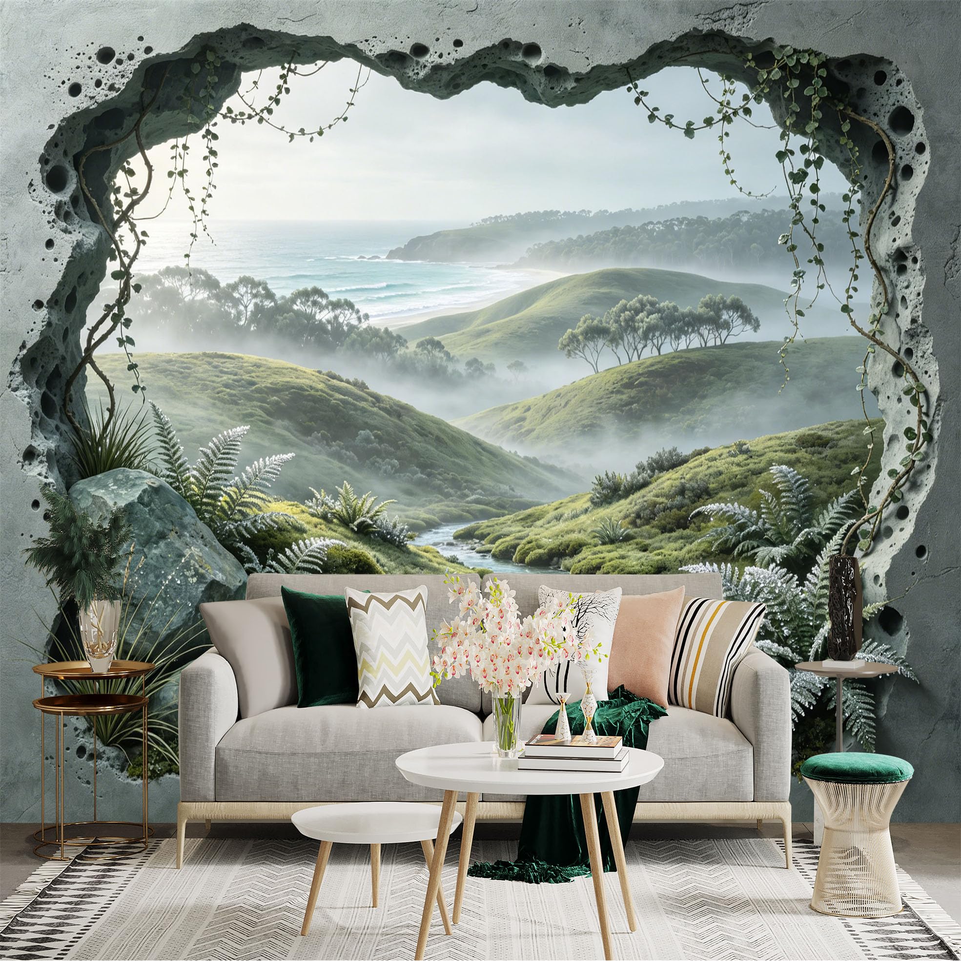 Custom Size Wall Sticker Mural， Coastal Landscape with Stream， Green Hills and Ocean View， for wall Decoration， peelandstick wall Decals.