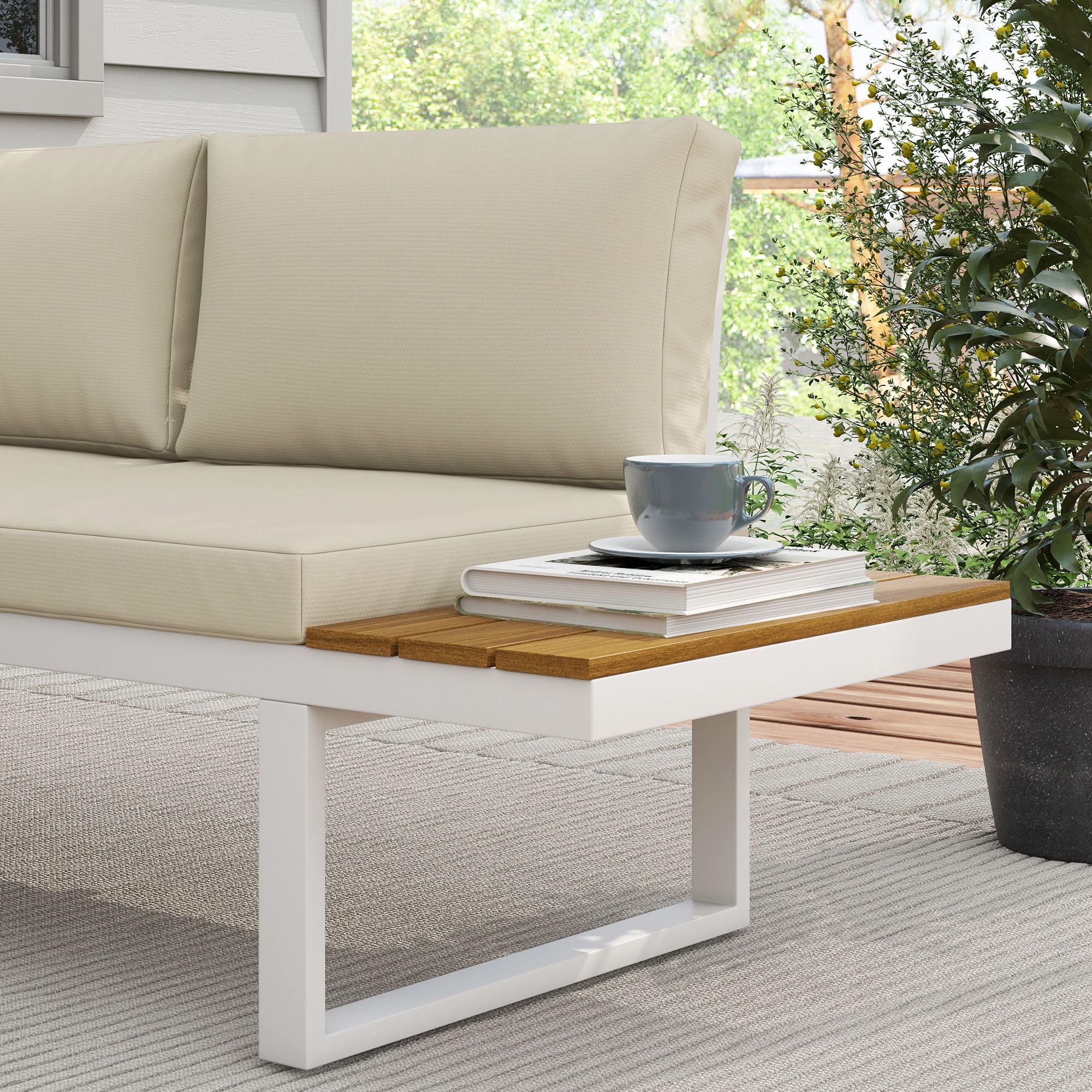 Outsunny Conjunto de Muebles de Jardín Exterior 4 Piezas Juego de Muebles de Terraza Incluye 2 Sofás Dobles 1 Sofá Esquinero Reclinable y Mesa de Centro Mesita Lateral con Cojines para Patio Crema