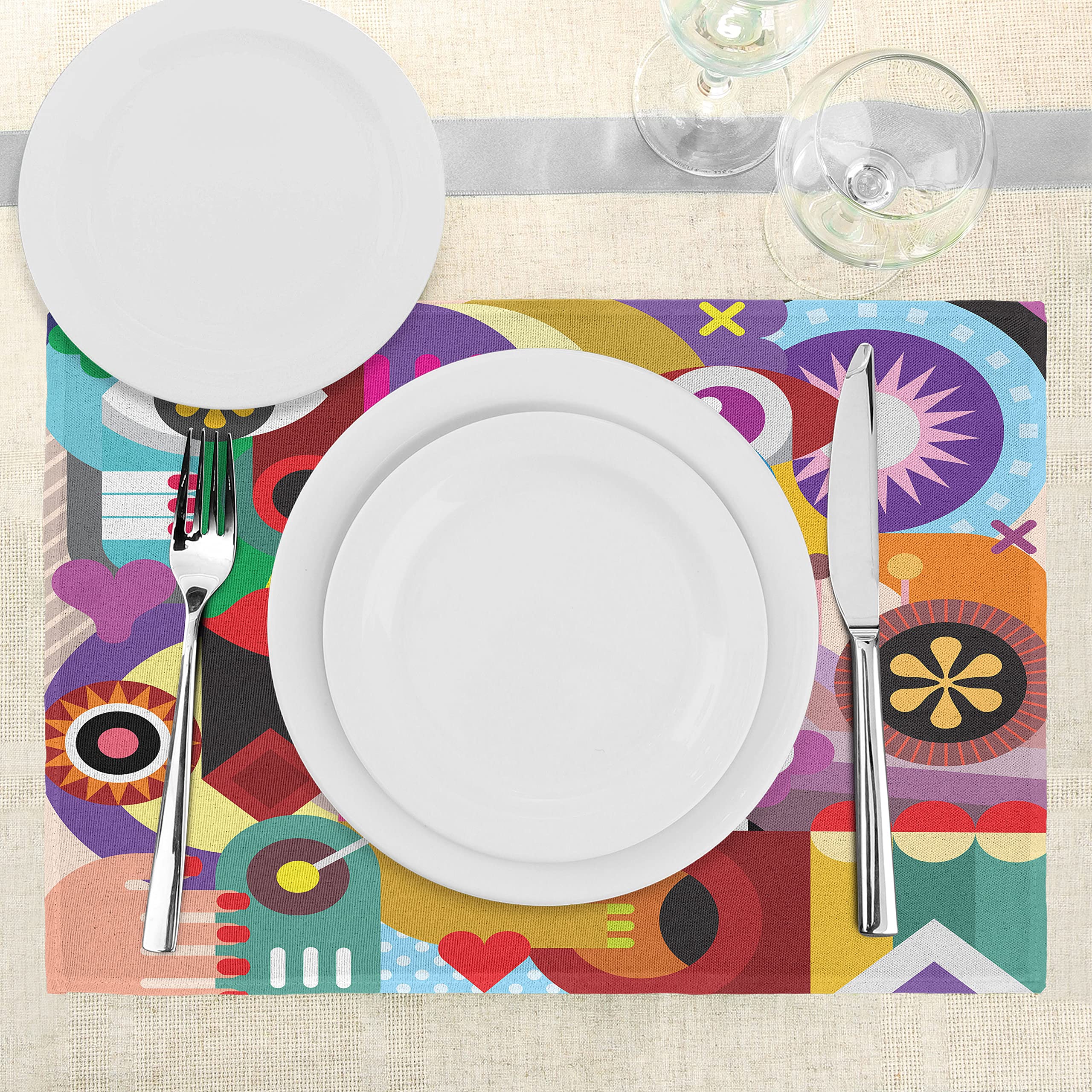 ABAKUHAUS Astratto Tovaglietta Americana Set di 4, Rainbow Retro Patchwork, Tovagliette in Tessuto Lavabile per Tavolo da Pranzo Cena, Multicolore