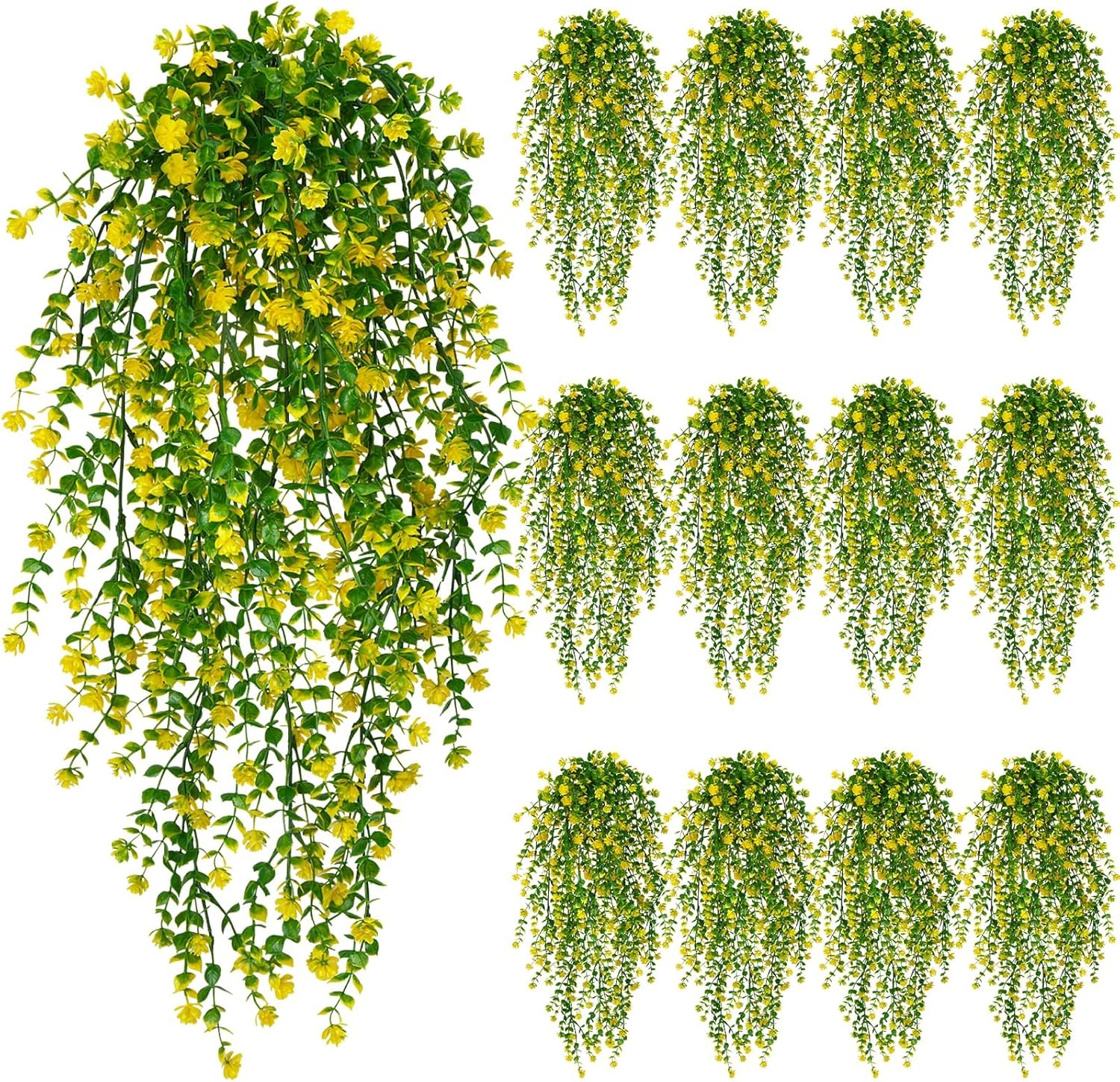 12 Pcs Outdoor Hanging Plants Artificial Hanging Flowers Yellow Faux Trailing Plants Fake Eucalyptus Greenery UV Resistant Plastic Plants for Indoor Outdoor Wall Garden Front Porch Home Decor