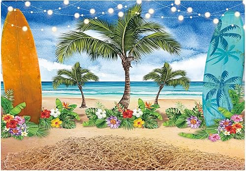 Allenjoy Fondo de fotografía de verano para playa, océano, cielo azul, tabla de surf, palmeras tropicales, Luau para niños y niñas, decoración de