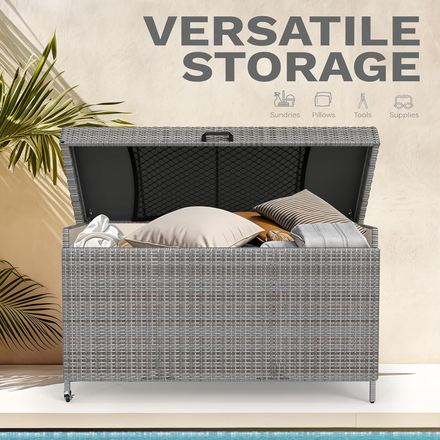 DWVO 200 Gallon Deck Box, Outdoor Storage Box w/Storage Net, Rattan XL Outdoor Cushion Storage for Patio Furniture, Garden Tools, Pool Sports Equipment (Grey)