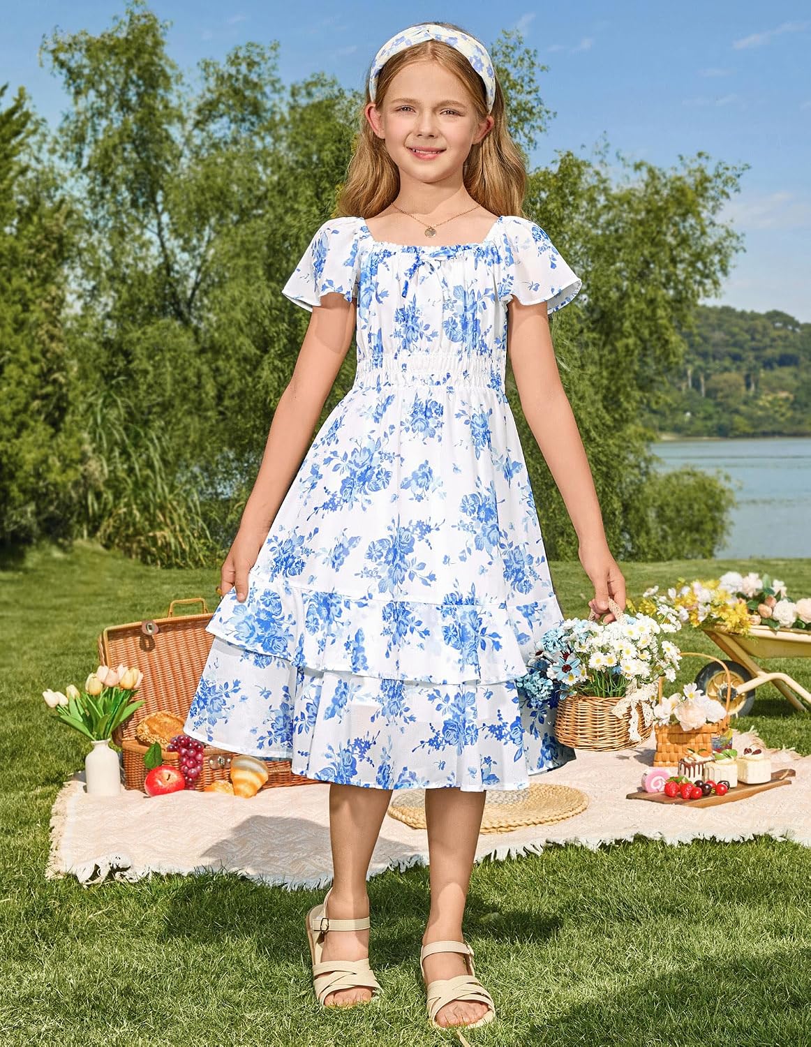 GRACE KARIN Girls Floral Summer Dress Flutter Sleeve Square Neck Midi Casual Dress for Girl 6-14Y