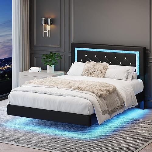 Miniatura 11 de KEIKI Base de cama de plataforma flotante tamaño Queen con cabecera capitonada de diamante, cama tapizada con luces LED, 5.7 pulgadas de espacio