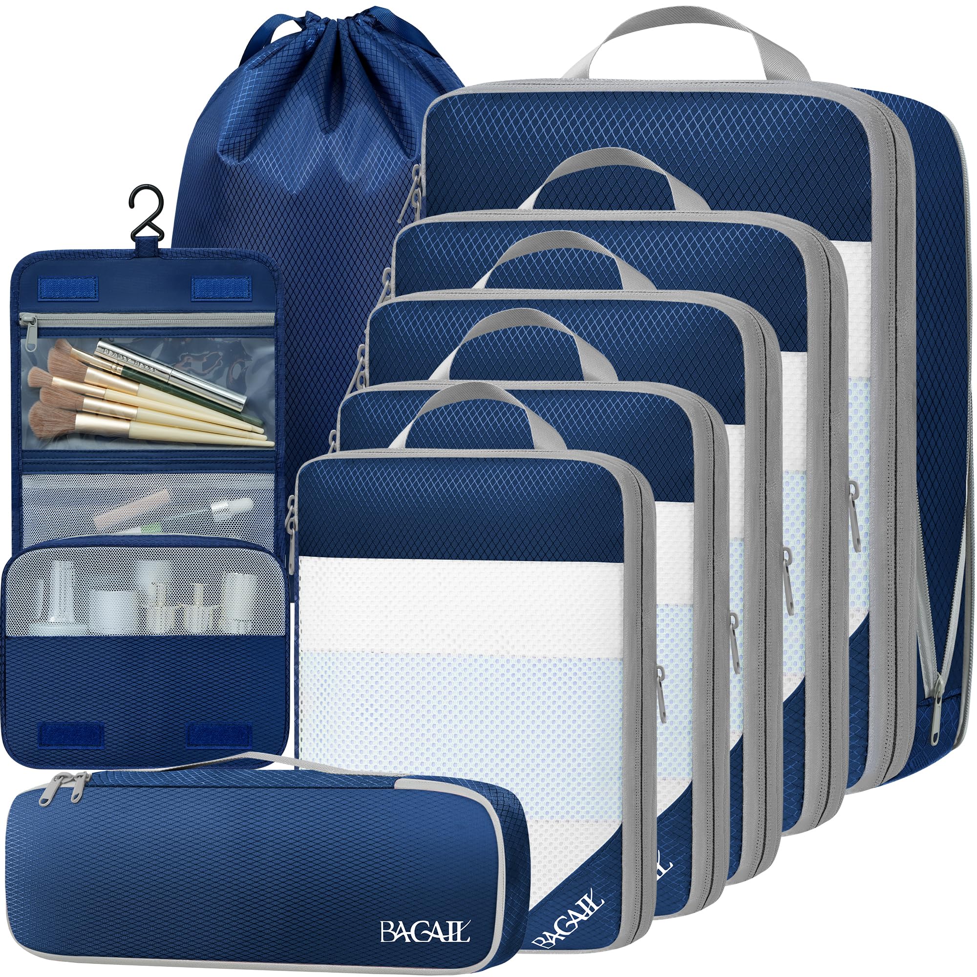 BAGAIL 6 Set/8 Set Compression Packing Cubes, Ultralight Expandable Packing Organizers for Carry on Travel Luggage(8set Navy)
