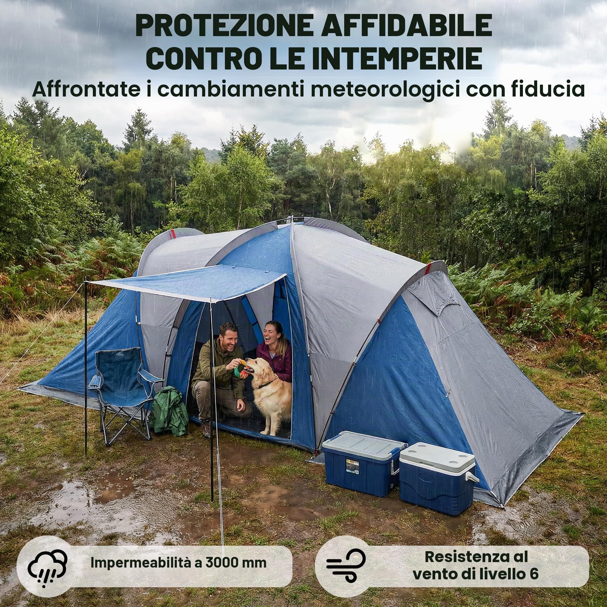 Outsunny Tenda da campeggio a doppio strato tunnel per famiglie, 4-5 persone, grande tenda con 2 camere e soggiorno per 12 persone, 3000 mm, impermeabile, riparo solare con tettoia, blu