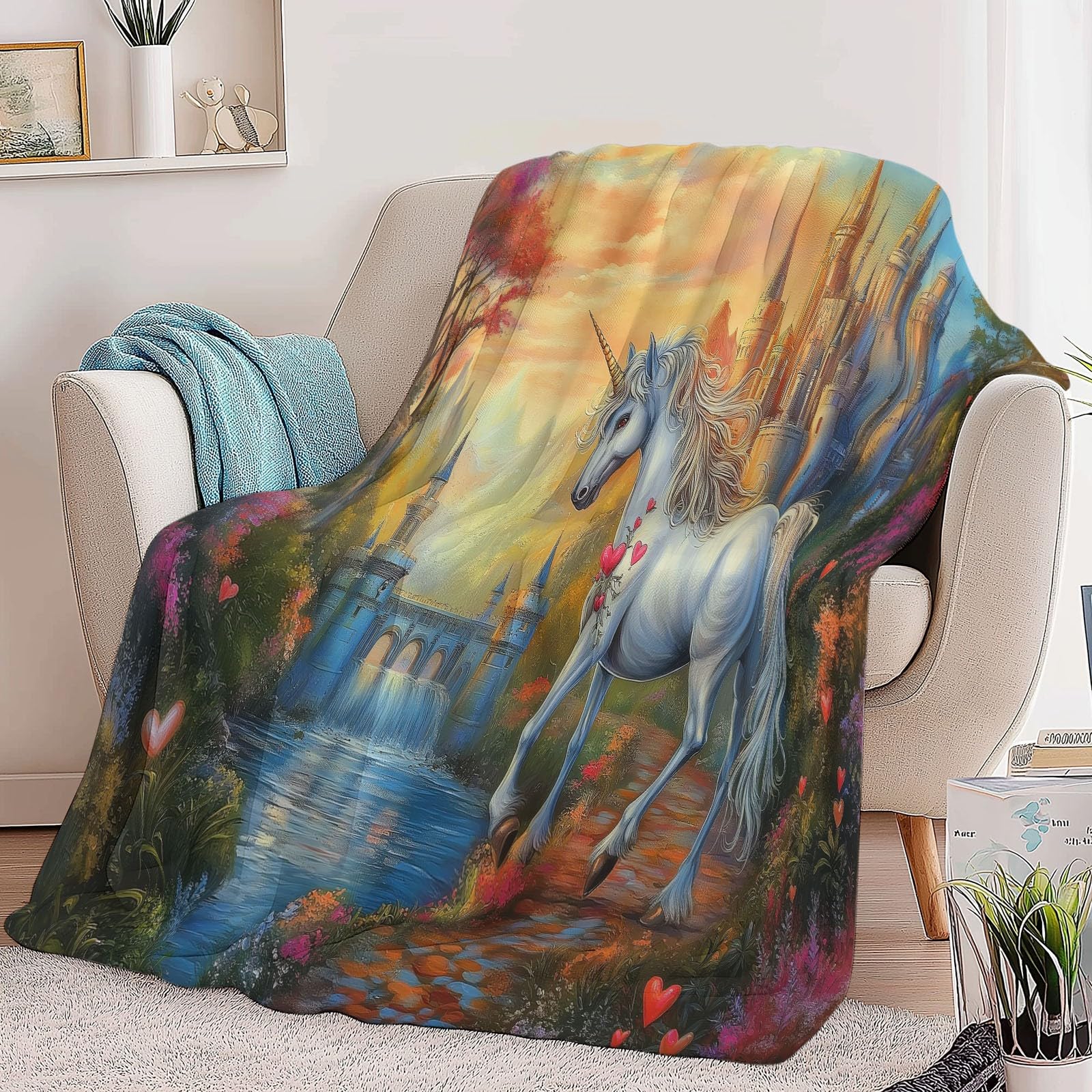 Koc z nadrukiem jednorożca, kolorowy, 200 x 200 cm, miękki, przytulny, termiczny, flanelowy, pościel dla chłopców i dziewcząt, na łóżko, kanapę, puszysta, narzuta, 200 x 200 cm