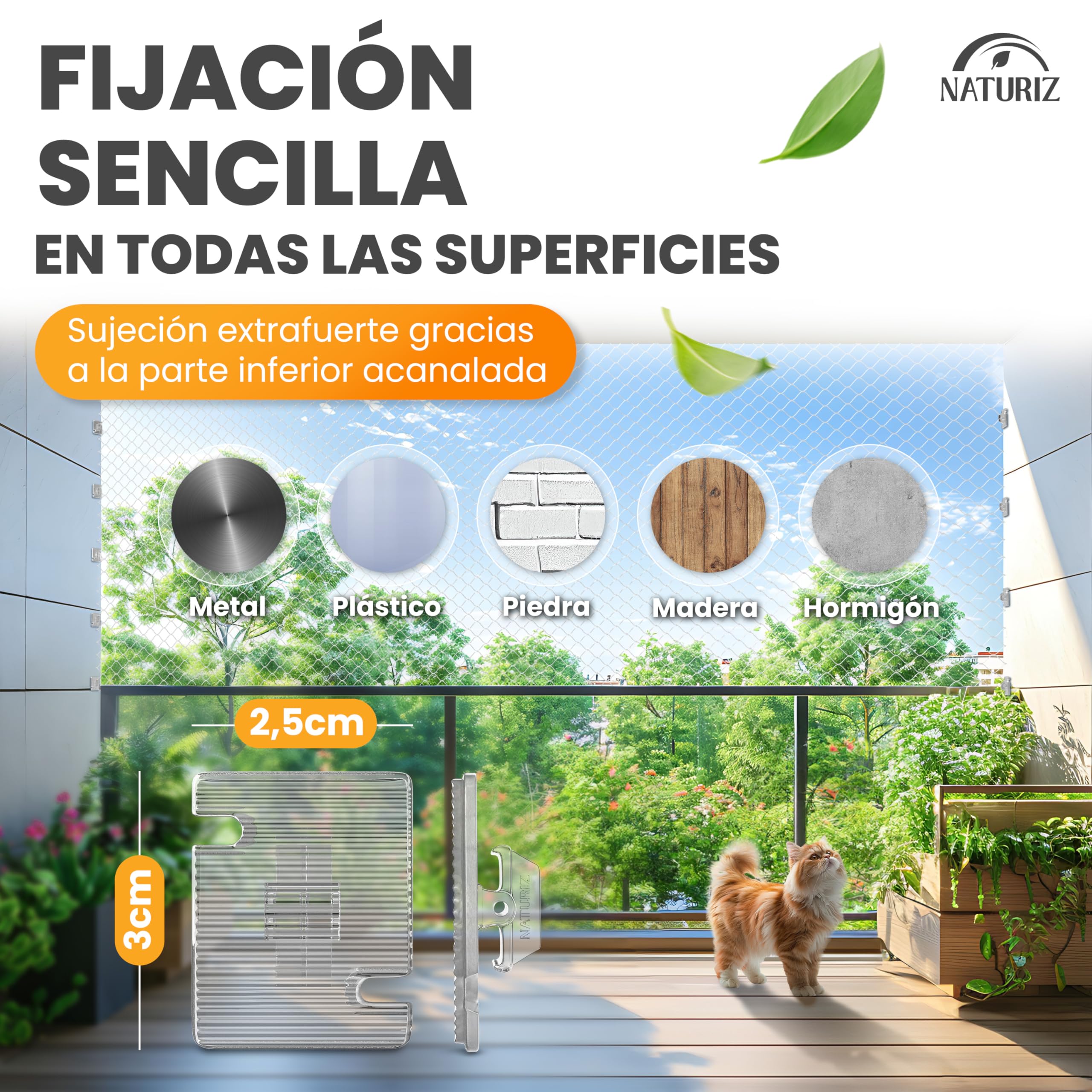 Naturiz Red para gatos para balcón sin agujeros, 3 x 4 m, red para gatos reforzada con alambre transparente/blanco, incluye ganchos adhesivos, red de protección para gatos para balcón y ventana, red