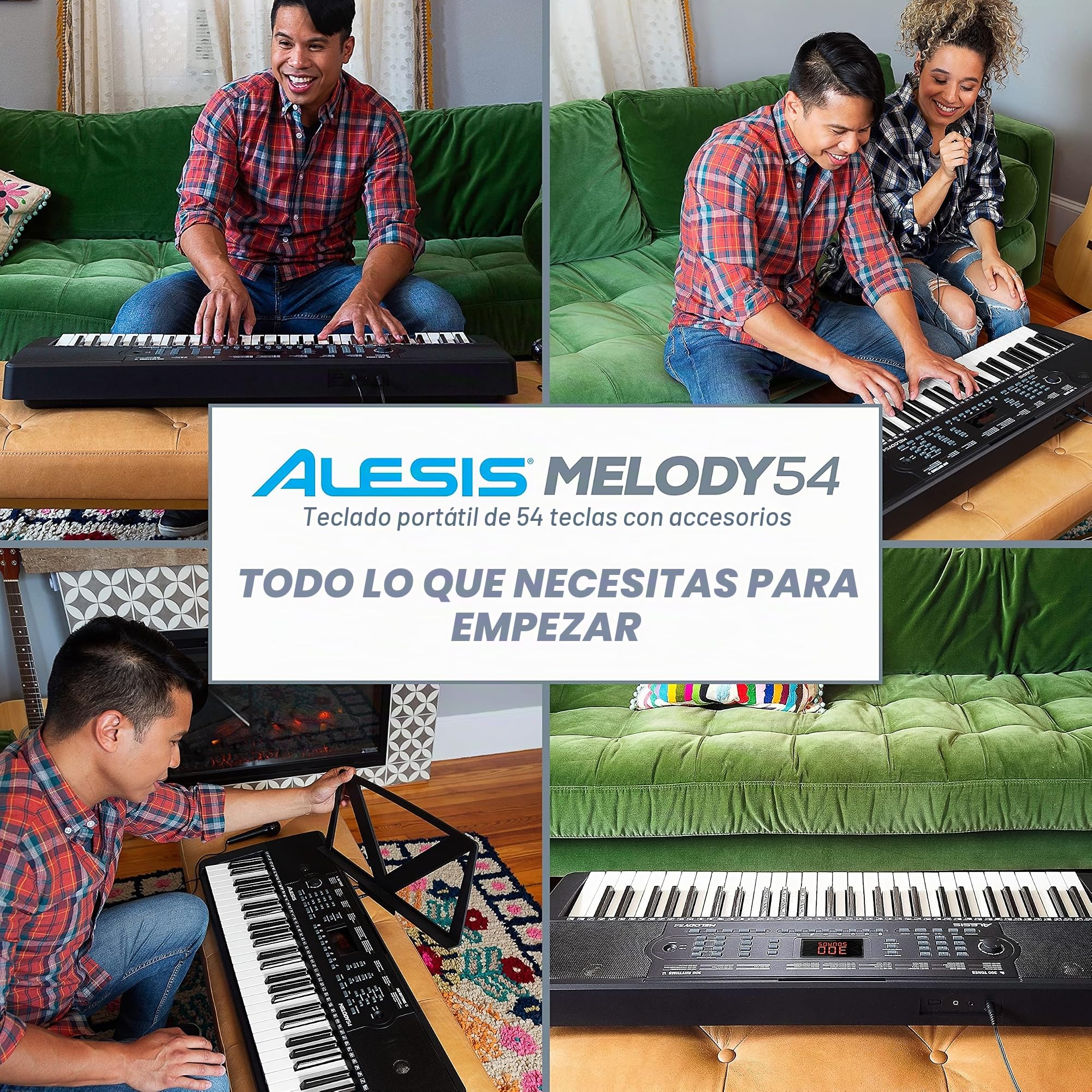 Alesis Melody 54 - Piano eléctrico portátil con teclado de 54 teclas, altavoces integrados, micrófono y atril, 300 sonidos y 300 ritmos, 40 canciones demo, características educativas