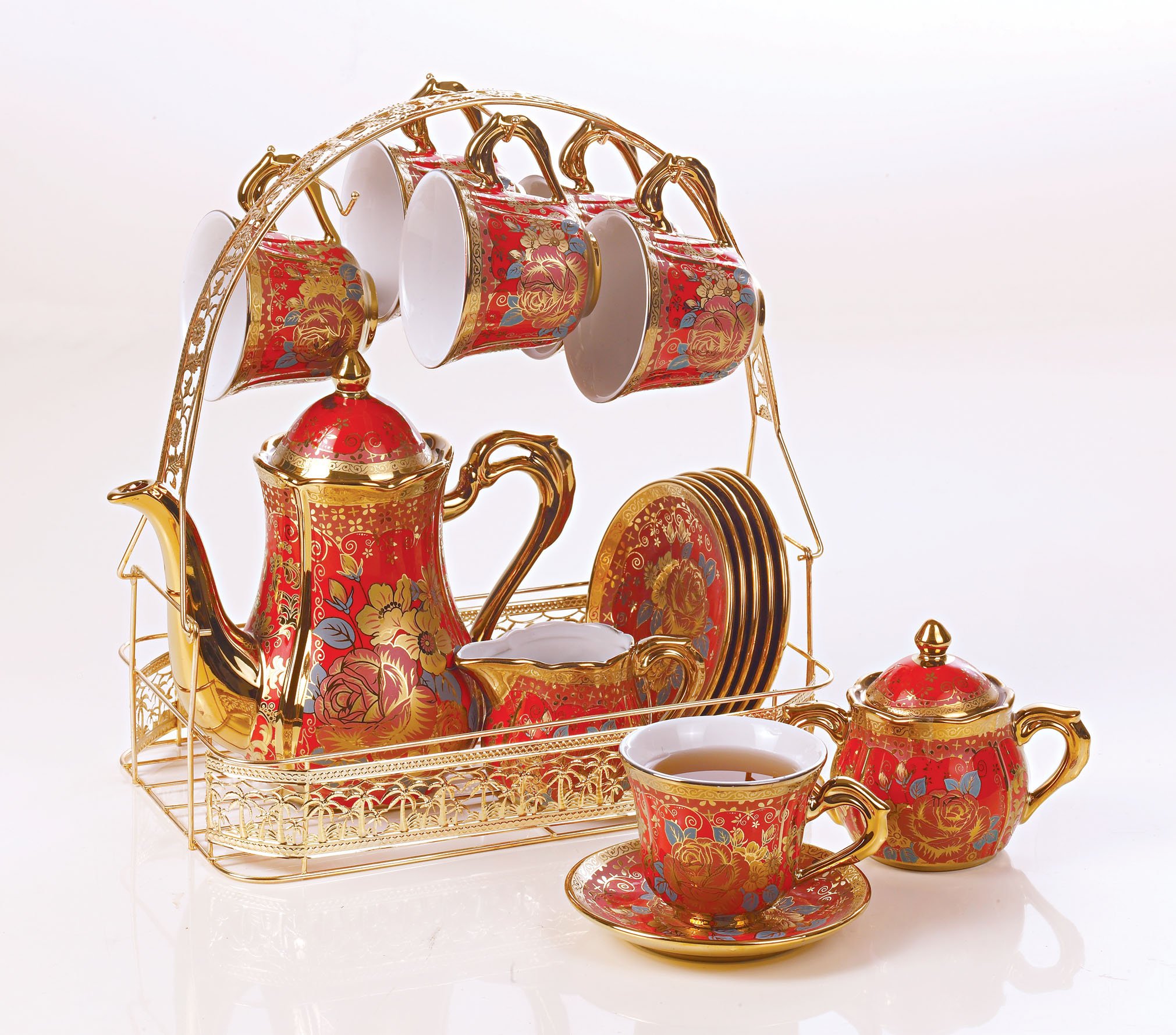 Sanjee Ceramic Ambilight Porcelain Tea Sets 15 Pieces Flora Shining Style Melon Red,set of 6 (Red),15E1(Set)