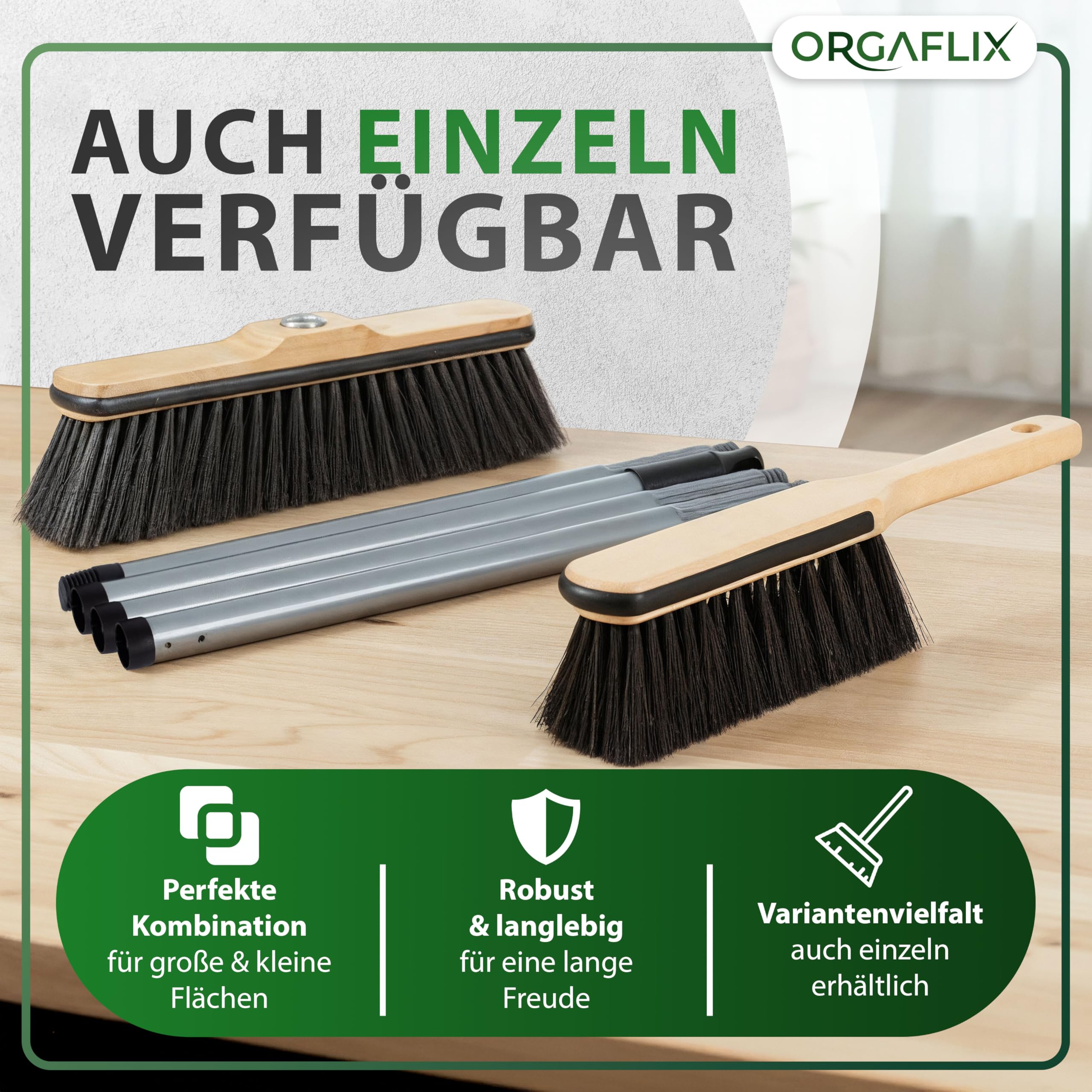 ORGAFLIX Premium Zestaw miotły z uchwytem i szczotki ręcznej - zestaw do zamiatania z mieszanką włosia konia, dodatkowo odpylający, gwint ocynkowany 24 mm, uchwyt miotły regulowany 60–130 cm