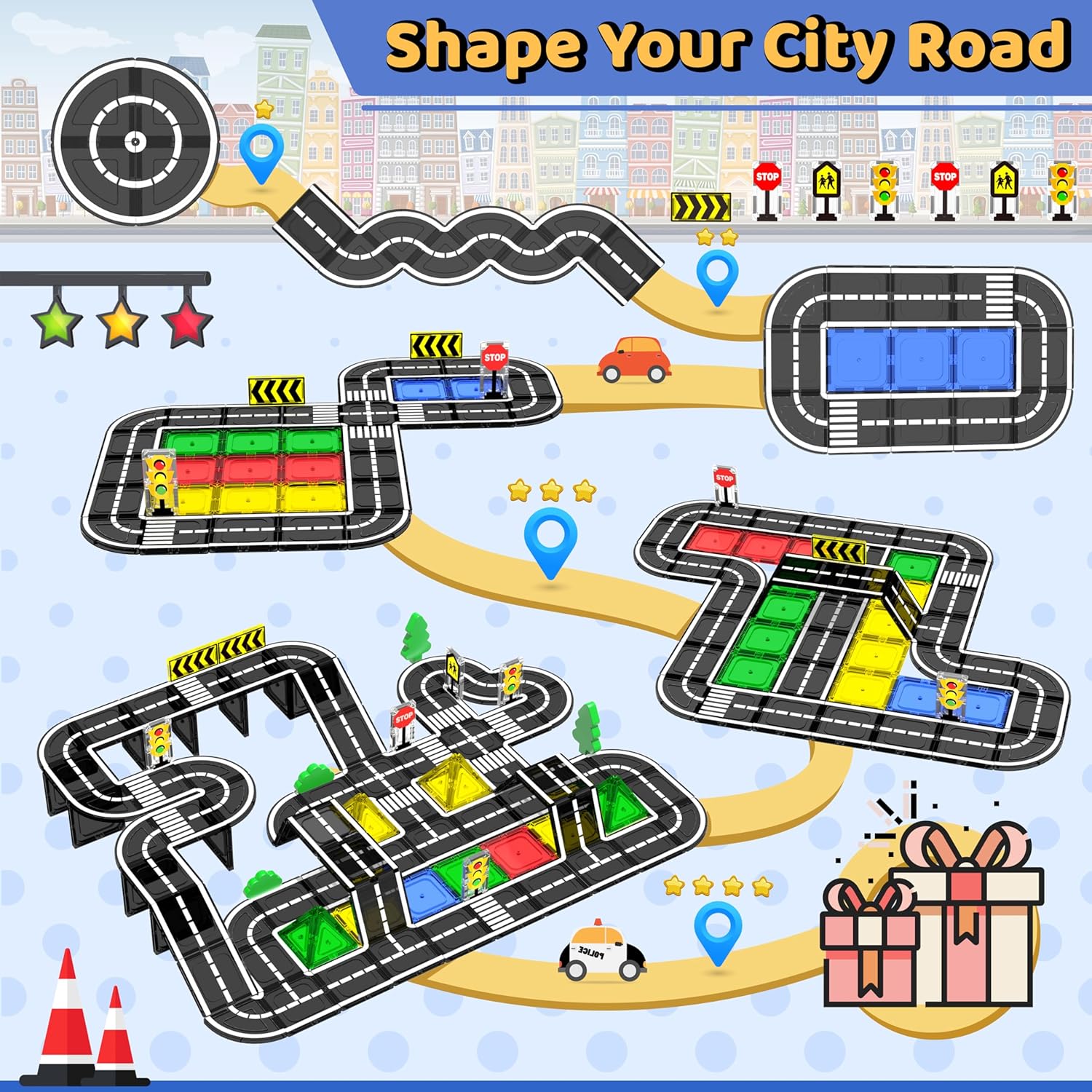 Magnetic Tiles - Road Set, Magnetic Building Blocks, Preschool Montessori Toys Gift for 3+ Year Old Boys and Girls, Sensory Christmas Toys for Kids Aged 3-5 and 4-8, Ideas for Toddler with Autism