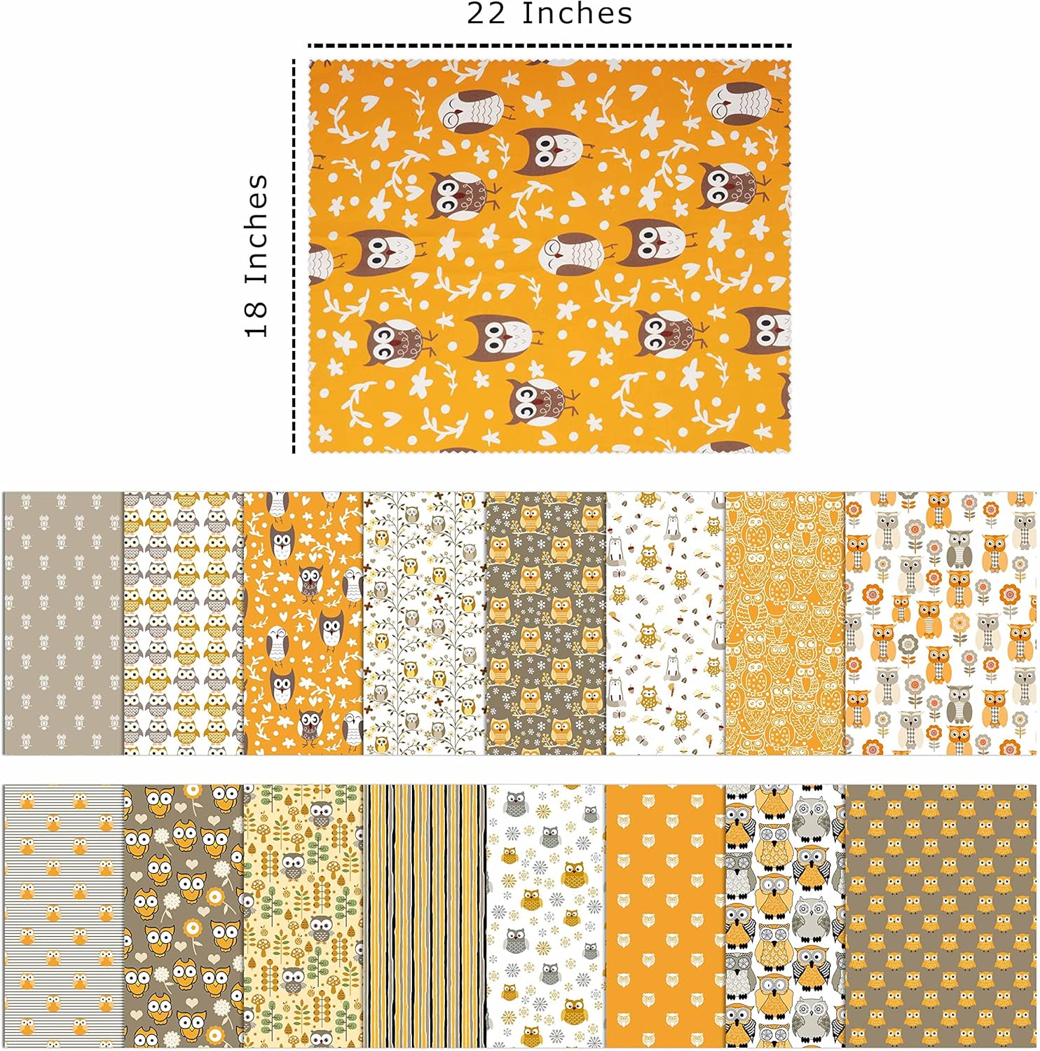 Soimoi 16 Pc Fat Quarter Bundle, Owl Print 18"x 22" DIY Patchwork- 100% Cotton Pre-Cut Quilting Fabric White&Yellow