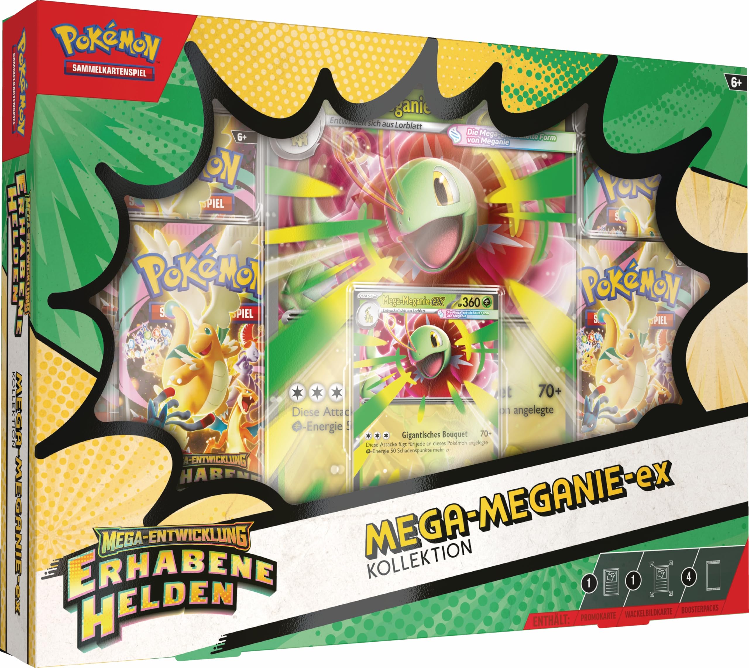 Pokémon-Sammelkartenspiel: Kollektion Mega-Entwicklung – Erhabene Helden: Mega-Meganie-ex (1 holografische Promokarte, 1 überdimensionale Wackelbildkarte und 4 Boosterpacks)