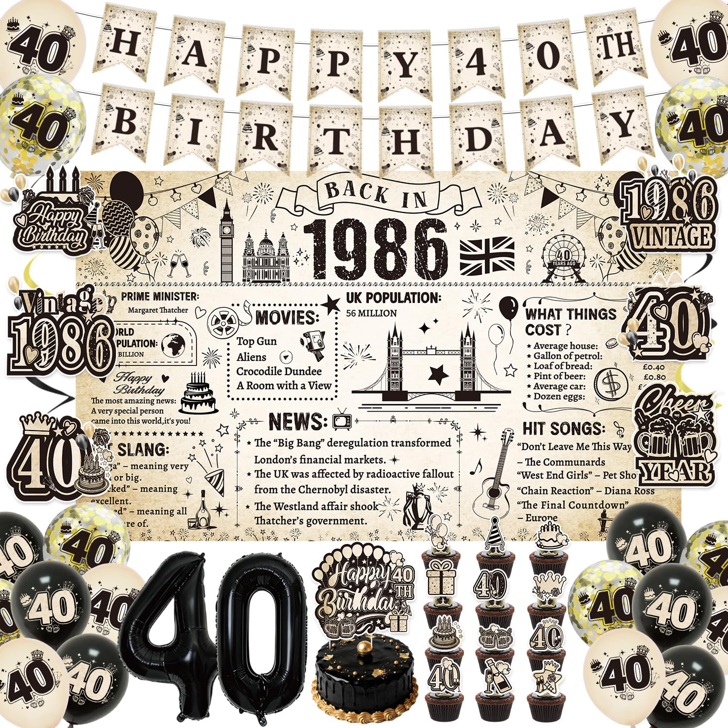 Eiapadeor 40th Birthday Decorations for Men Women - 40 Pcs Vintage Happy 40 Year Old Party Supplies Back in 1986 Backdrop Banner with Hanging Swirls Balloons Cake Toppers Birthday Decorations Set โ image 1