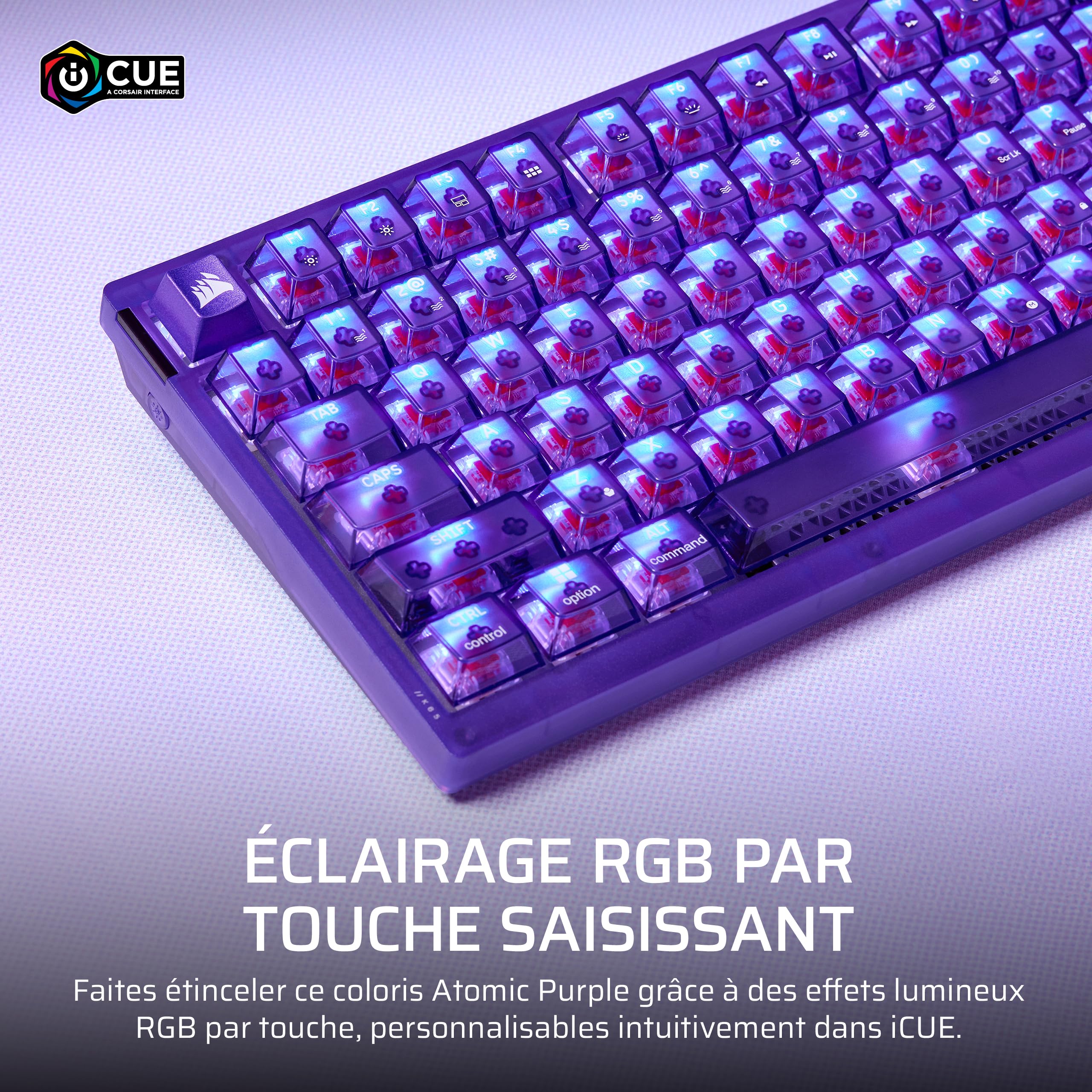 Corsair K65 Plus sans Fil 75% Gaming Clavier (AZERTY FR) – Violet Atomique | RGB, Mechanical, Commutateurs Linéaires CORSAIR MLX Red Pré-Lubrifiés, Keycaps PBT – PC, PS5, PS4, Xbox