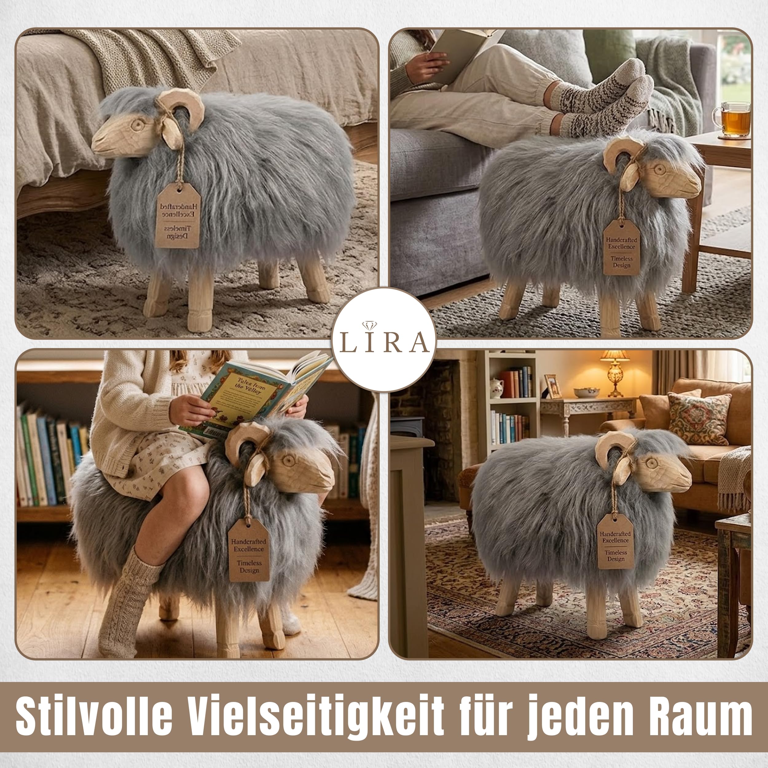 Schafhocker – Handgefertigtes Dekoelement, Körper aus Fichtenholz, Kopf und Geweih aus Lindenholz, nordische Skandi-Deko, einzigartige Geschenkidee, M, hellgrau