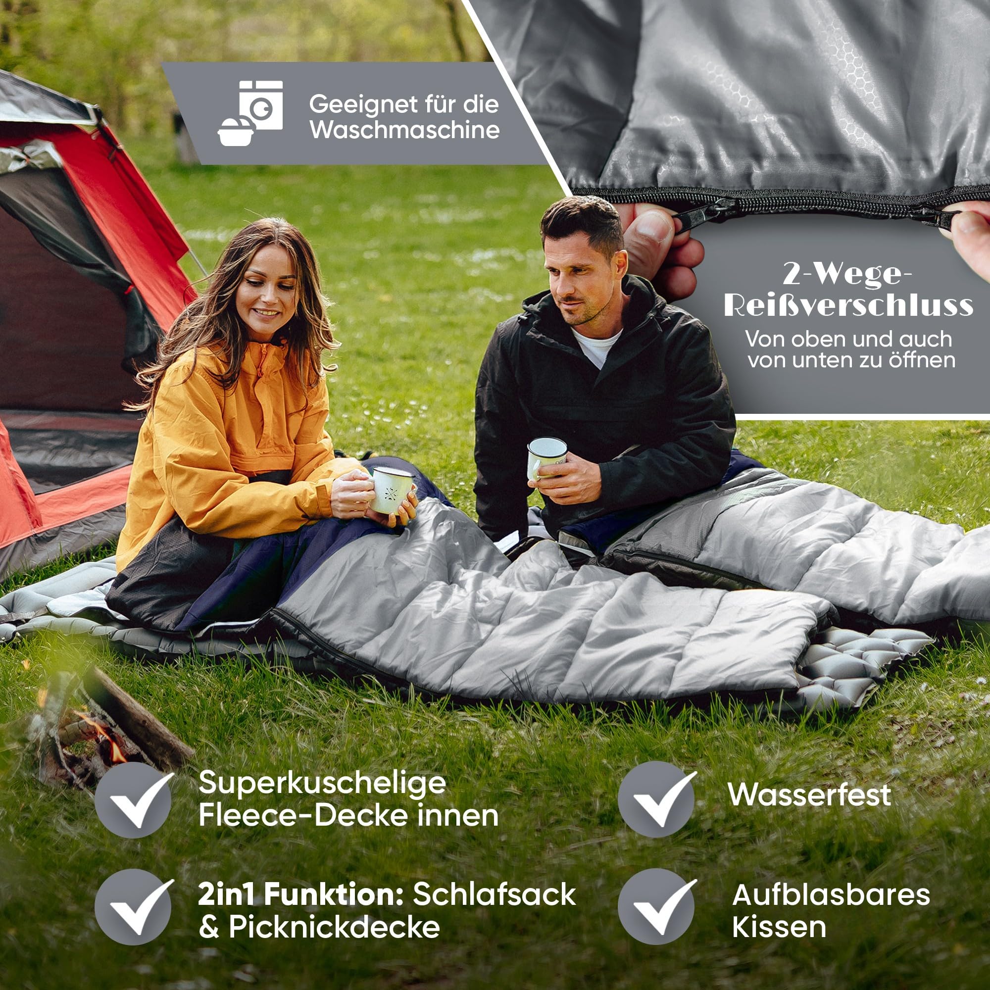 SkinWalker Schlafsack [Kleine Größe bis 1,70m Körpergröße] 3-4 Jahreszeiten mit abnehmbaren Fleece + Kopfkissen [-15°C bis +20°C] Deckenschlafsack Schlafsack Camping, Sleeping Bag Jugendliche