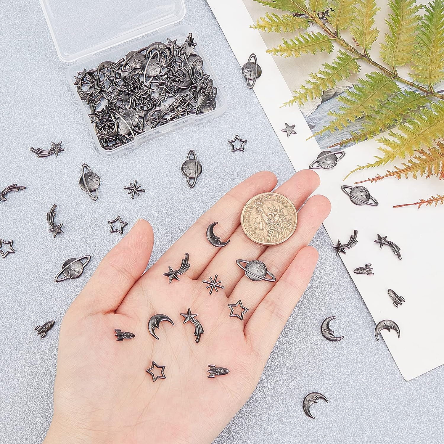 OLYCRAFT 112pcs Cosmos Themed Resin Fillers Resin Charms Alloy Epoxy Resin Supplies Planets Star Moon Rocket Filling Accessories Slime Charms for Resin Jewelry Making -Gunmetal