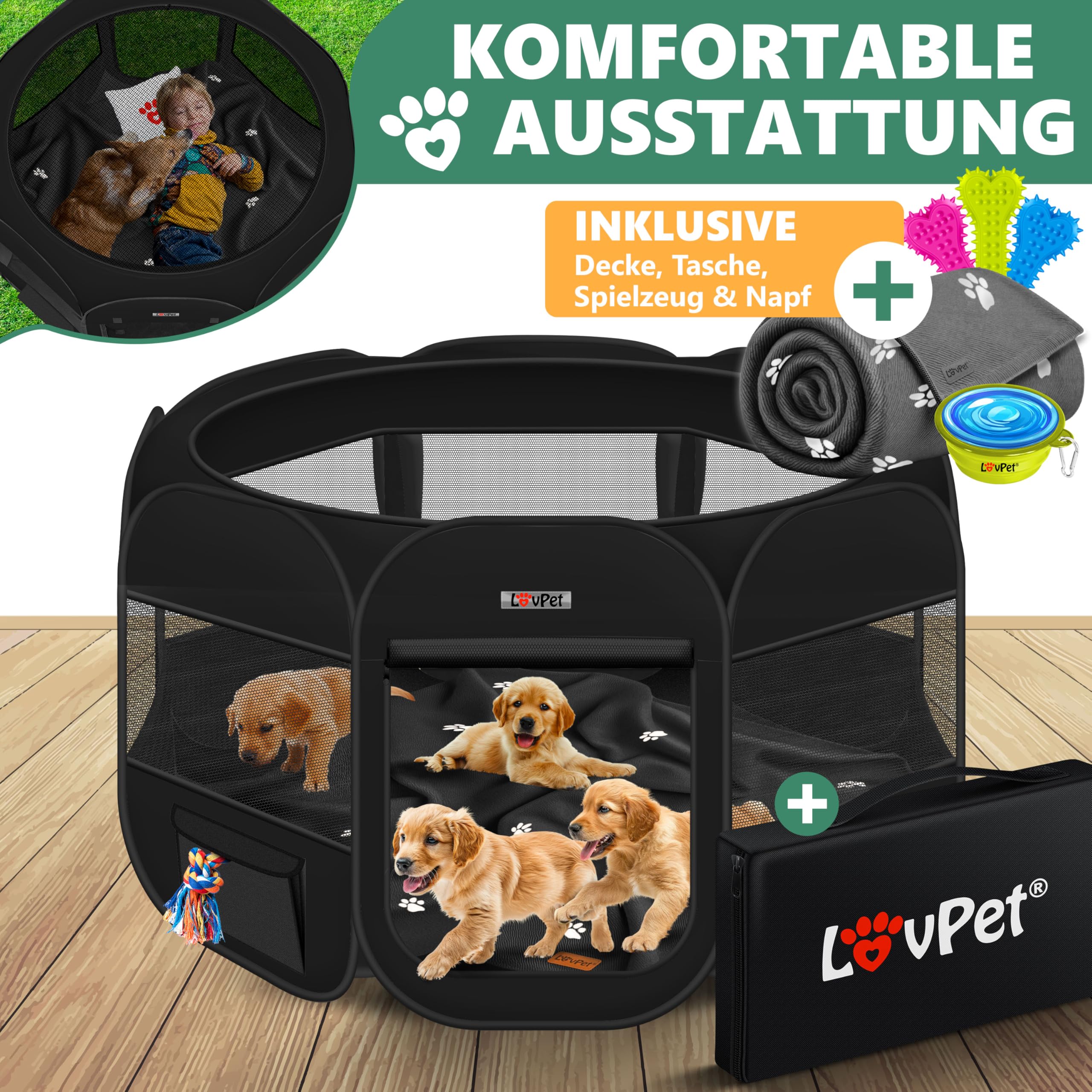 Lovpet® Recinto per Cuccioli e Piccoli Animali - Pieghevole per Cani, Gatti - Box Pop-up in Tessuto Oxford Con Ciotola - Recinzione per Animali