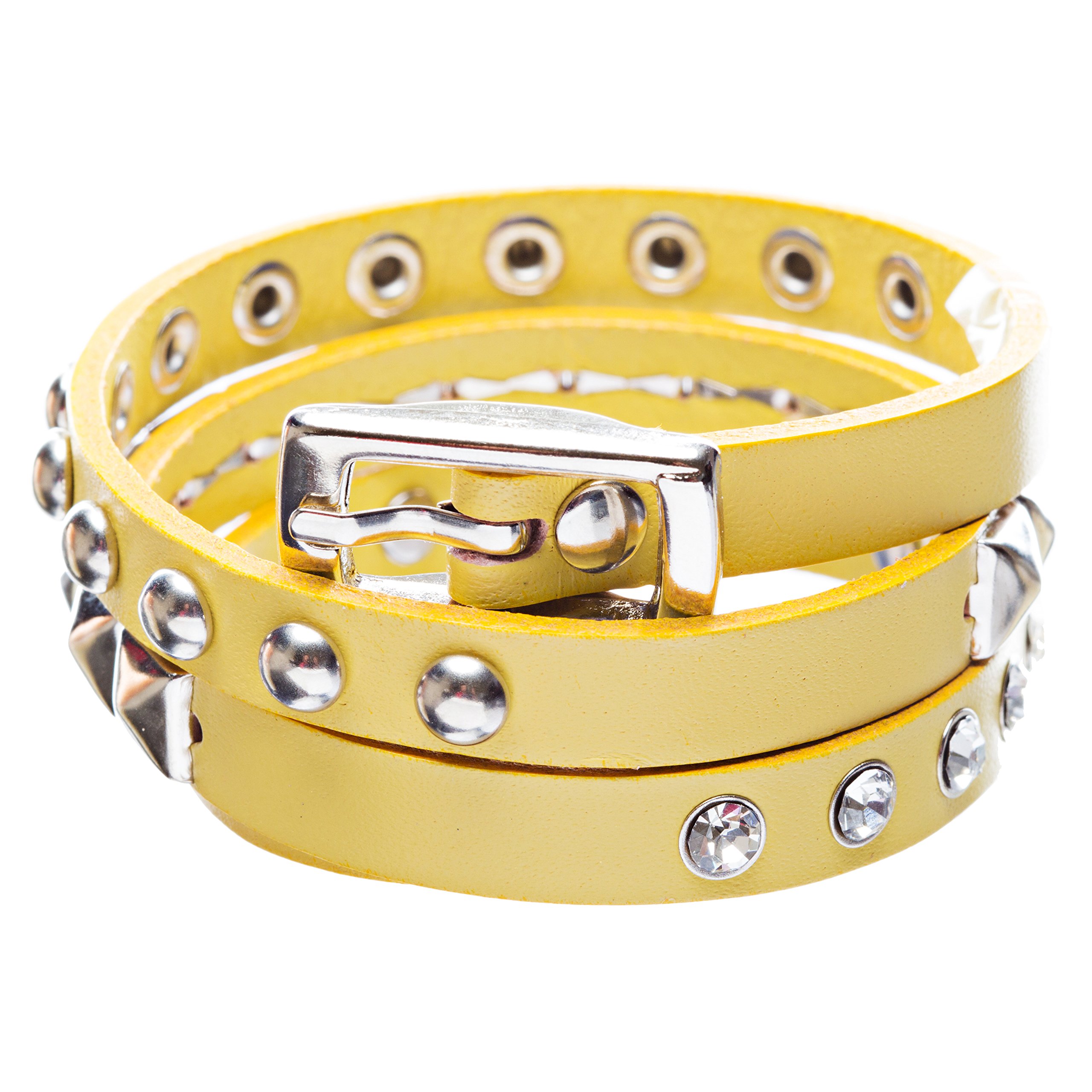 Accessoriesforever Yellow 3-Effect Stud Italian Calf Leather Wrap Bracelet