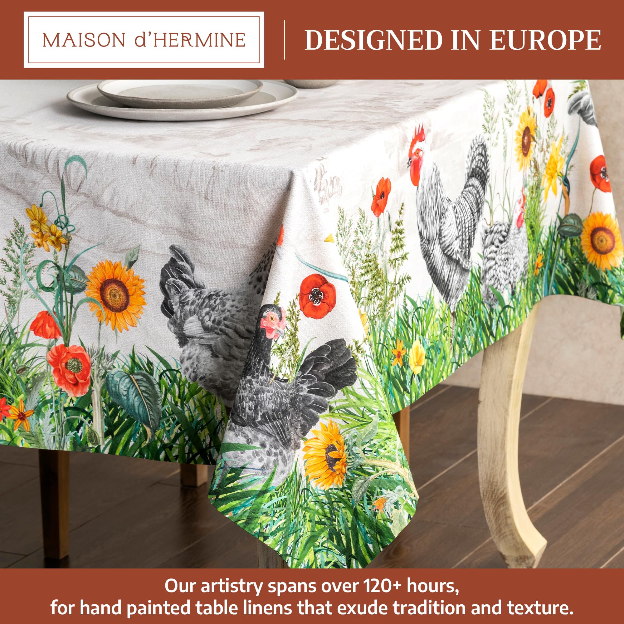 Maison d' Hermine Table Cover 60"x60" 100% Cotton Decorative Washable Square Tabletop Tablecloths for Gifts, Kitchen, Party, Wedding, Restaurant & Camping, Basse Cour - Spring/Summer