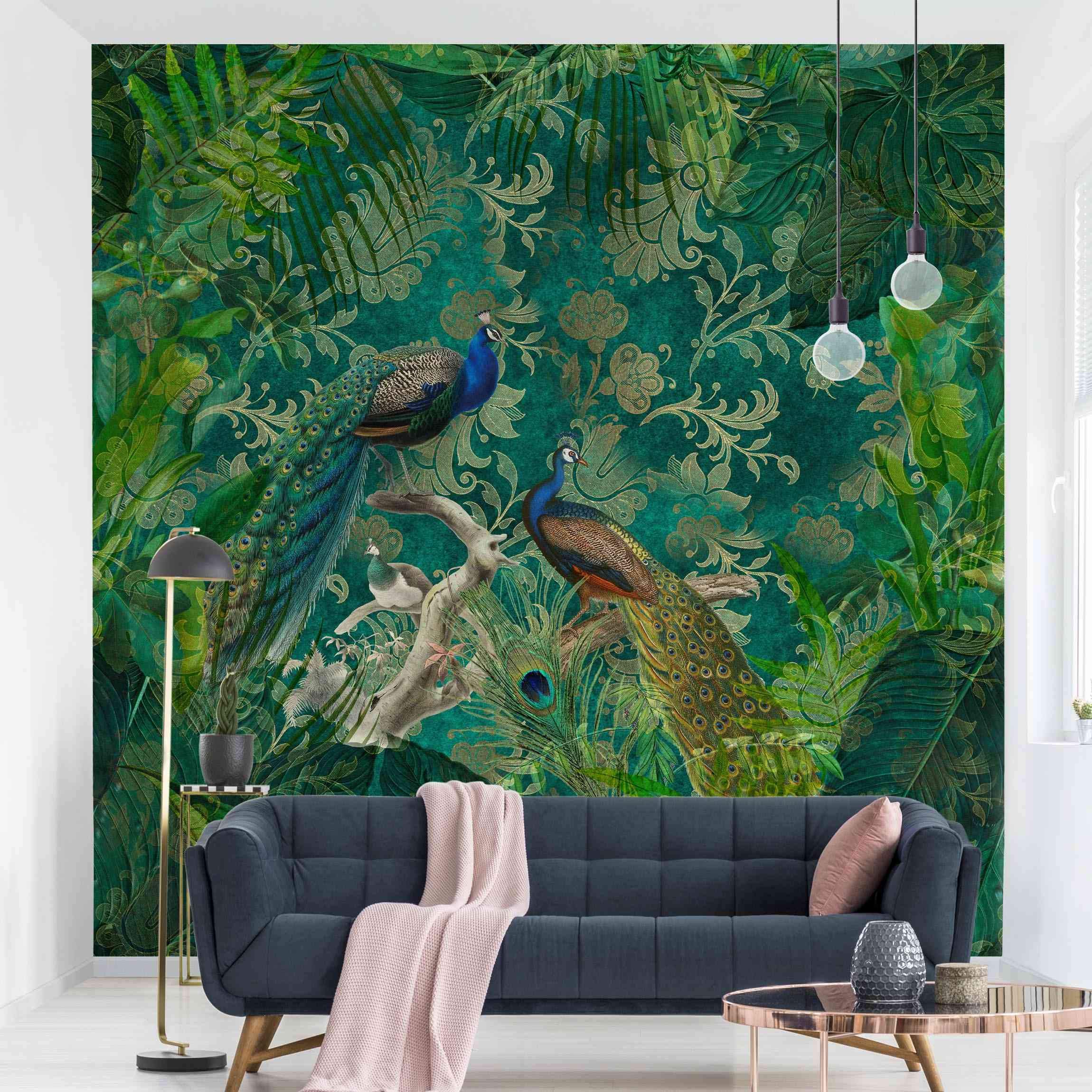 Fototapete Premium Shabby Chic Collage Edler Pfau II Wandtapete 240 x 240cm