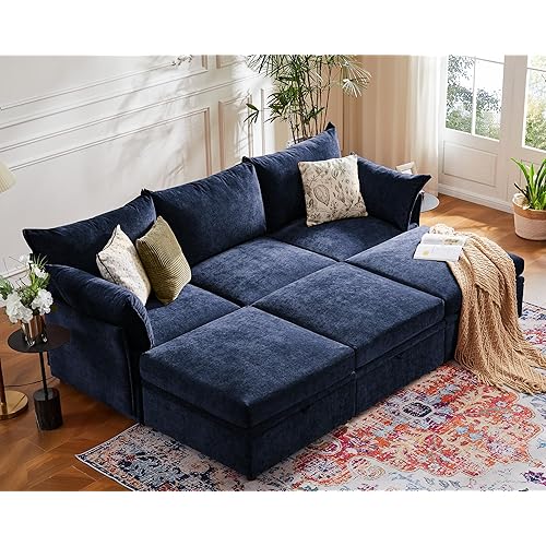 ABCASA 102.6" Luxury Modular Sleeper Sofa Bed 6 Seat Reversible Sectional Couch Deep Seat with Storage Chaises Removable Cover for Living Room, Apartment - Chenille Blue