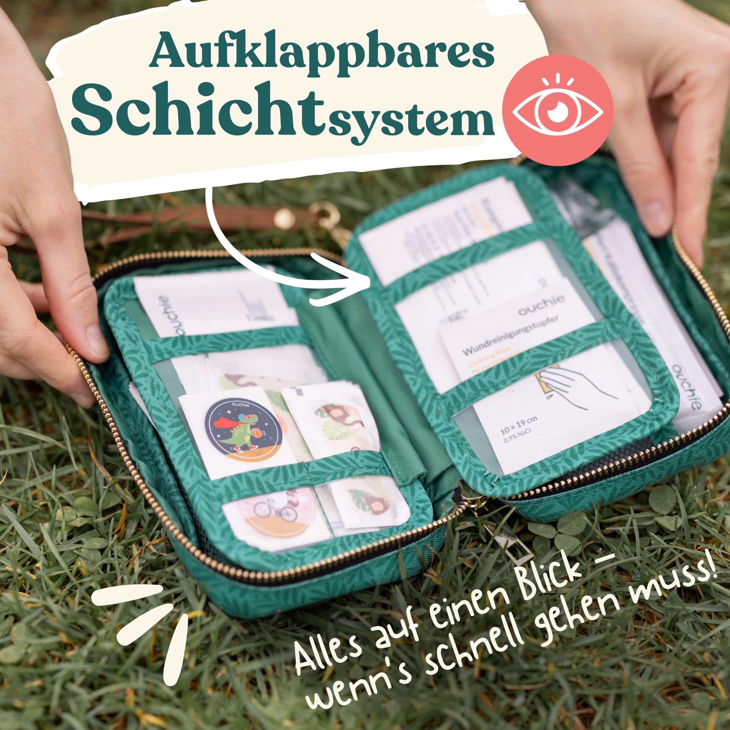 Erste Hilfe Set Kinder & Baby – Ouchie Maxi Reiseapotheke - 128 Teile | Erste Hilfe Tasche für Baby, Kleinkind & Kinder – ideal für unterwegs, Reise & Kindergarten | kompaktes Kinder-Notfallset