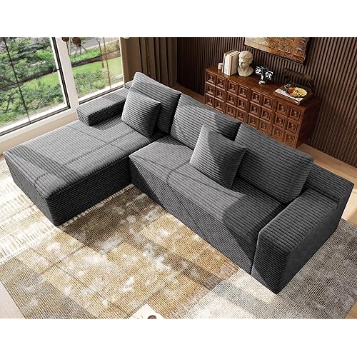 Boneless Modular Sectional Sofa, Cloud Couch with Left Facing Chaise, Oversized Deep Seat, L-Shaped, Soft Corduroy Fabric, Sectional Couch for Living Room -Grey