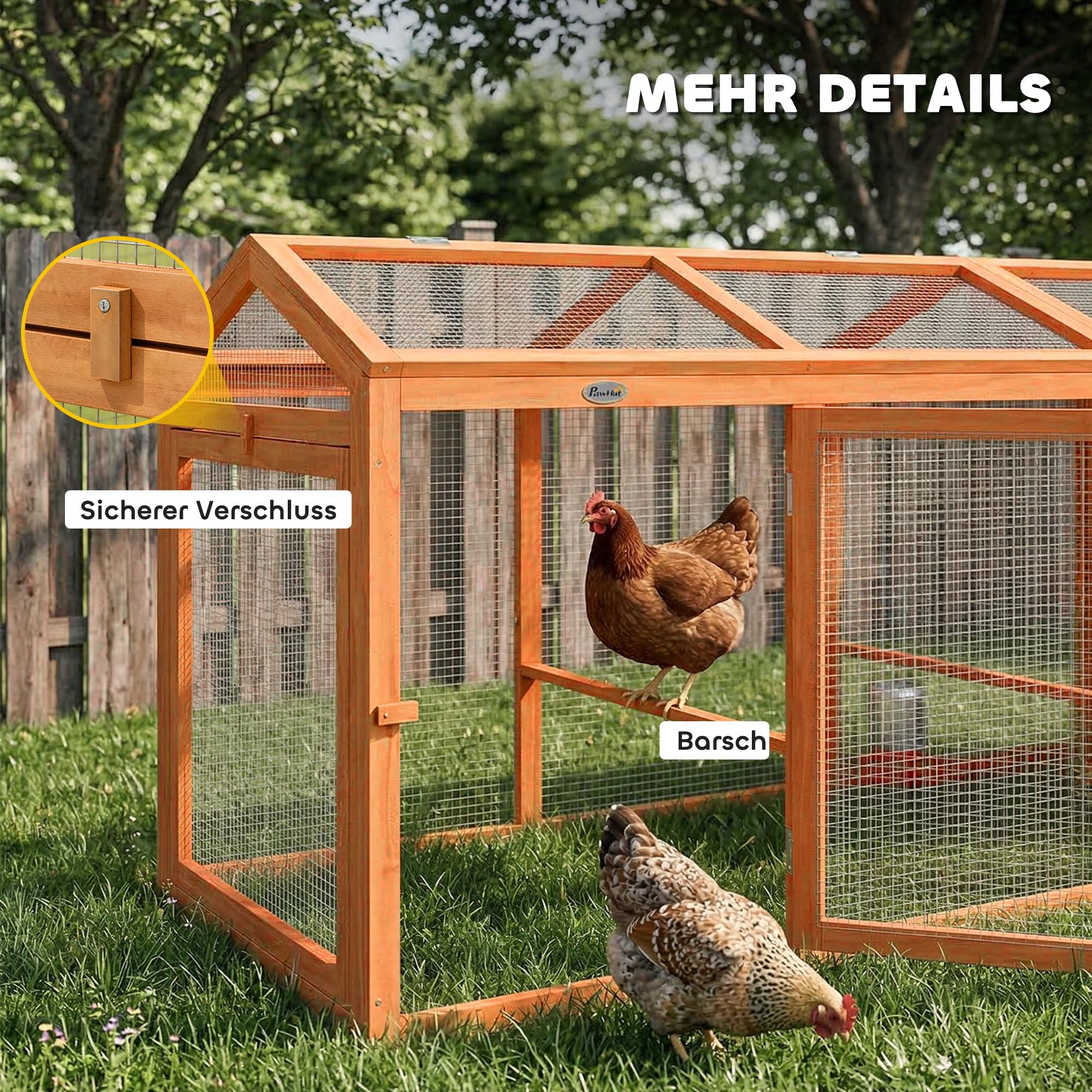 PawHut Hühnerstall mit Sitzstange Doppeltüren 156 x 70,5 x 84 cm Orange | Freilaufgehege, Hühnergehege, Hühnerkäfig aus Holz und Metall, Freigehege für 4 Hühner, Kleintiere