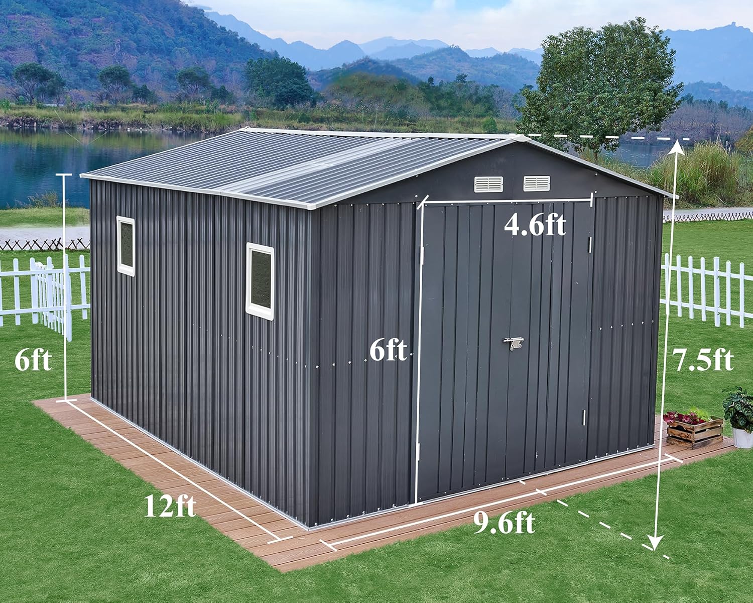 VanAcc 10x12x7.5 FT Outdoor Storage Shed with 2 Clear Panels Hinged Double Doors 4 Vents, Backyard Metal Shed for Garden, Patio, Dark Grey/White VanAcc 10x12x7.5 FT Outdoor Storage Shed with 2 Clear Panels Hinged Double Doors 4 Vents, Backyard Metal Shed for Garden, Patio, Dark Grey/White