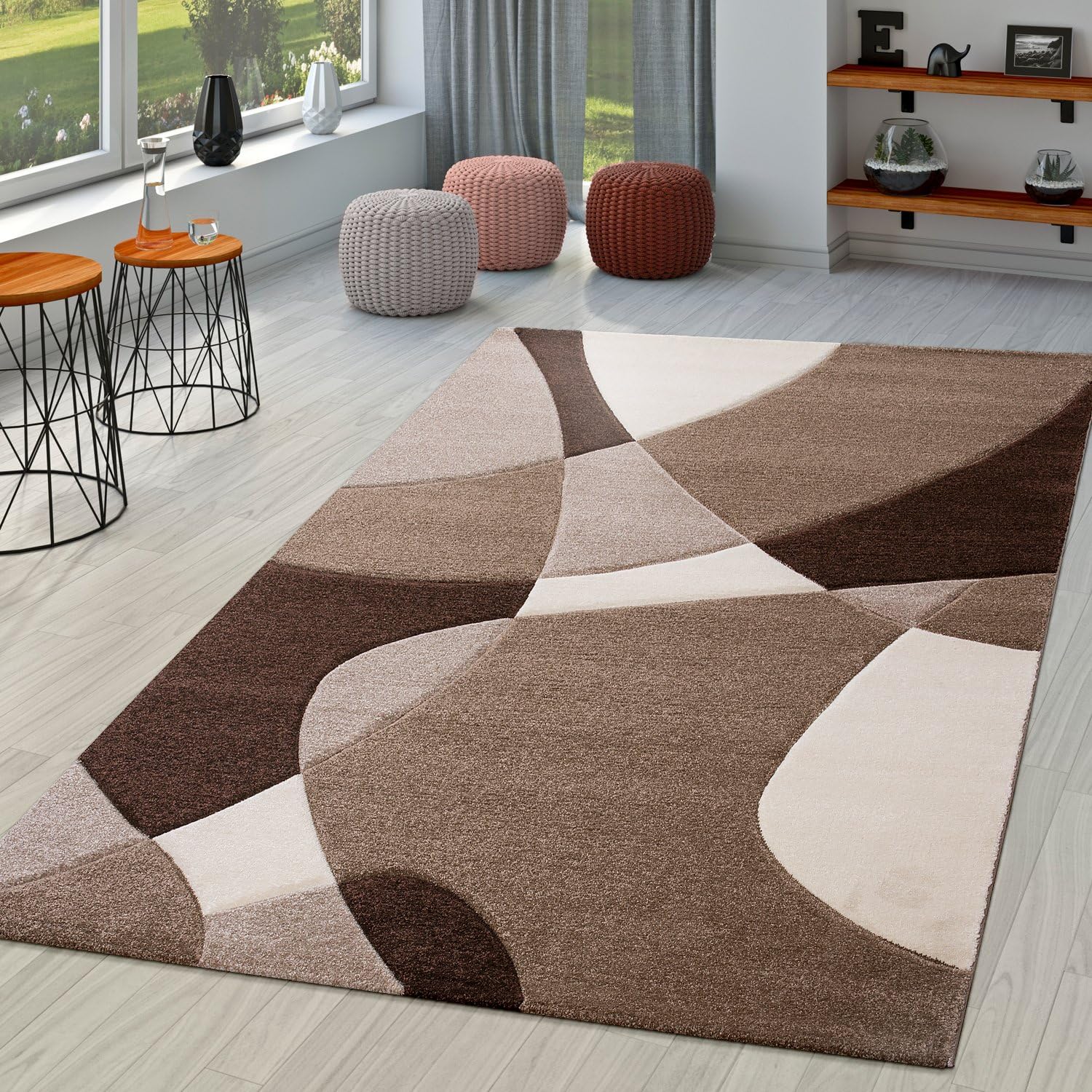 TT Home Large Rug Modern Short Pile 3D Look Geometric Wave Design, colour:Brown 4, Size:60x110 cm