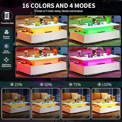 Miniatura 4 de YITAHOME - Mesas de centro con tapa LED y elevación para sala de estar, mesa de café de alto brillo con almacenamiento y 4 cajones espaciosos, mesas