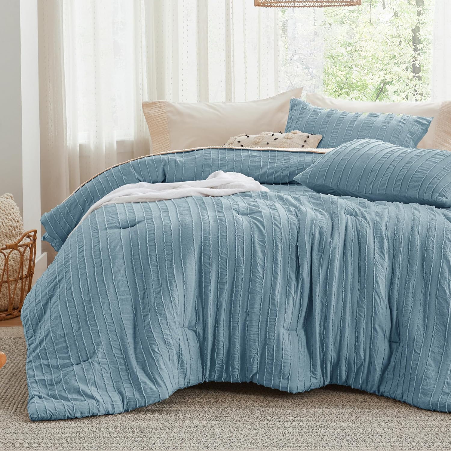 Bedsure Boho Comforter Set King - Grayish Blue Tufted Bedding Comforter Set, 3 Pieces Farmhouse Shabby Chic Embroidery Bed Set, Striped Pattern Comforter for All Seasons King 03 - Mineral Blue - Striped