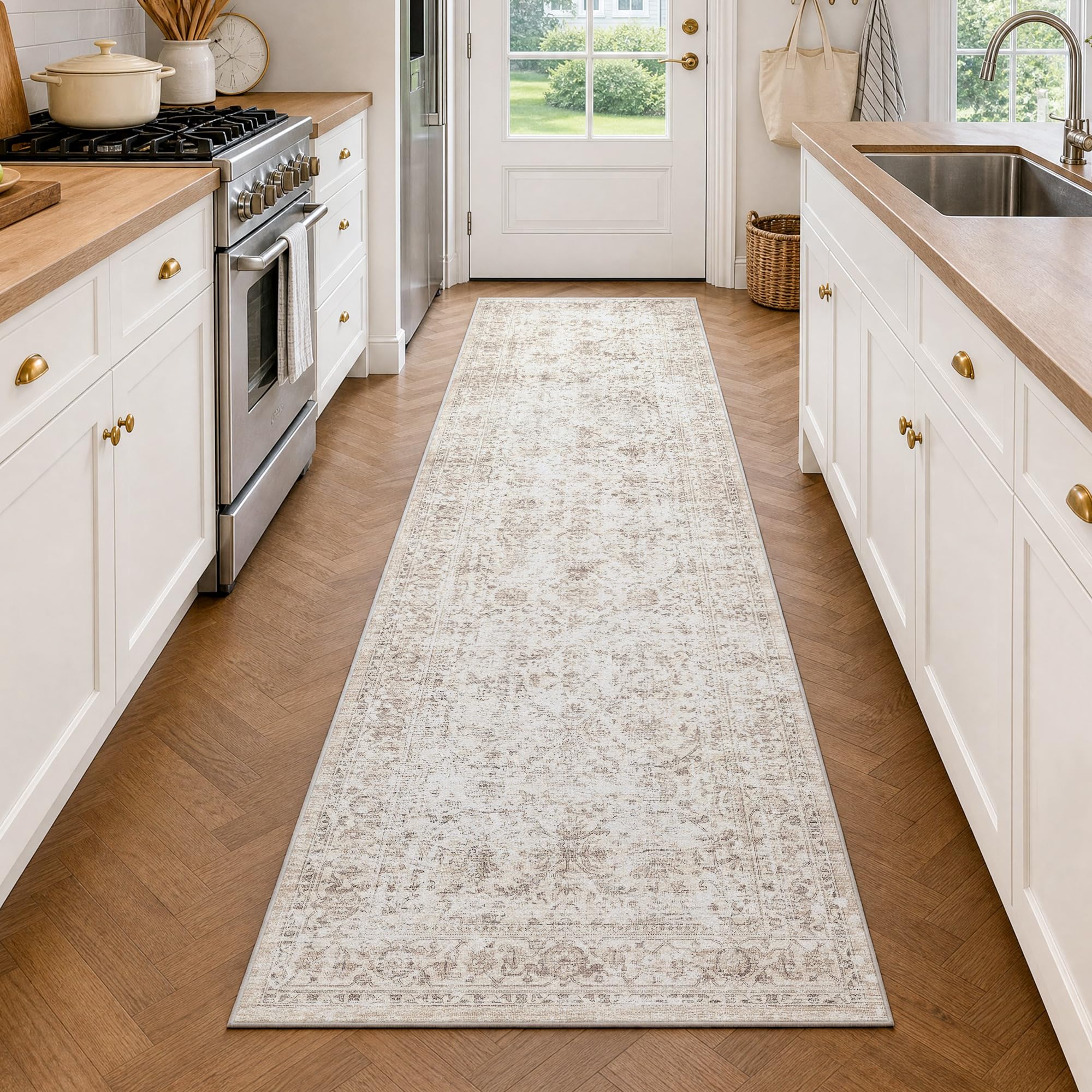 Beauoop Vintage Teppich Läufer Flur 60x240 cm Beige Waschbar Küchenteppich | Kurzflor Weich Rutschfest Retro Teppichläufer Bettvorleger Schlafzimmer Wohnzimmer Eingangsbereich Pflegeleicht Kitchen Rug